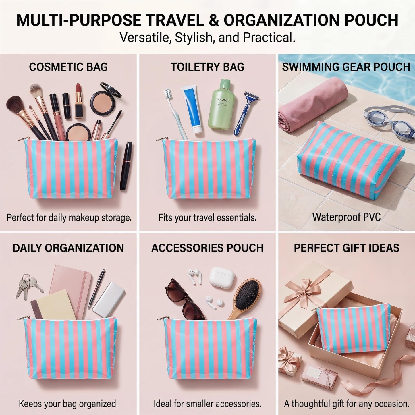 Lestikave Large PVC Waterproof Striped Makeup Bag,Clear Coated Cosmetic Bags,Easy to Clean,Travel Organizer Zipper Pouch Beach Vacation Essentials for Women Girls(12Pink Blue)