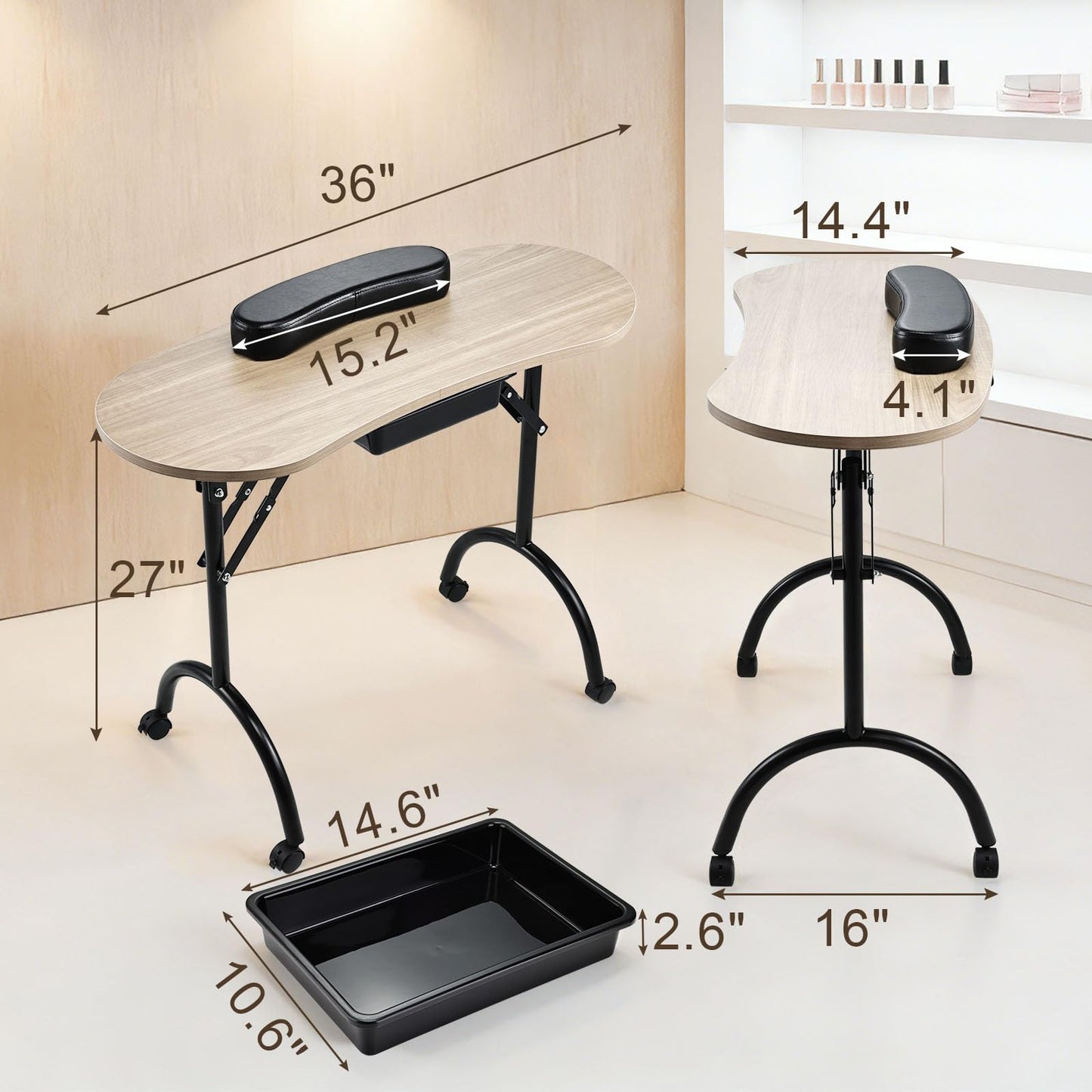 Joligrace Professional Foldable & Portable Manicure Table Nail Technician Desk Workstation 4 Lockable Wheels with Drawer Client Wrist Pad Free Carrying Bag Travel Nail Tech Spa Beauty Table Wooden
