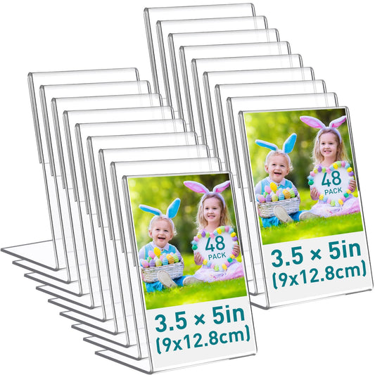 Tuanse 48 Pcs Acrylic Picture Frame 3.5 x 5 Inch Acrylic Sign Holder Clear Photo Frame Tabletop Slanted Back Plastic Picture Display