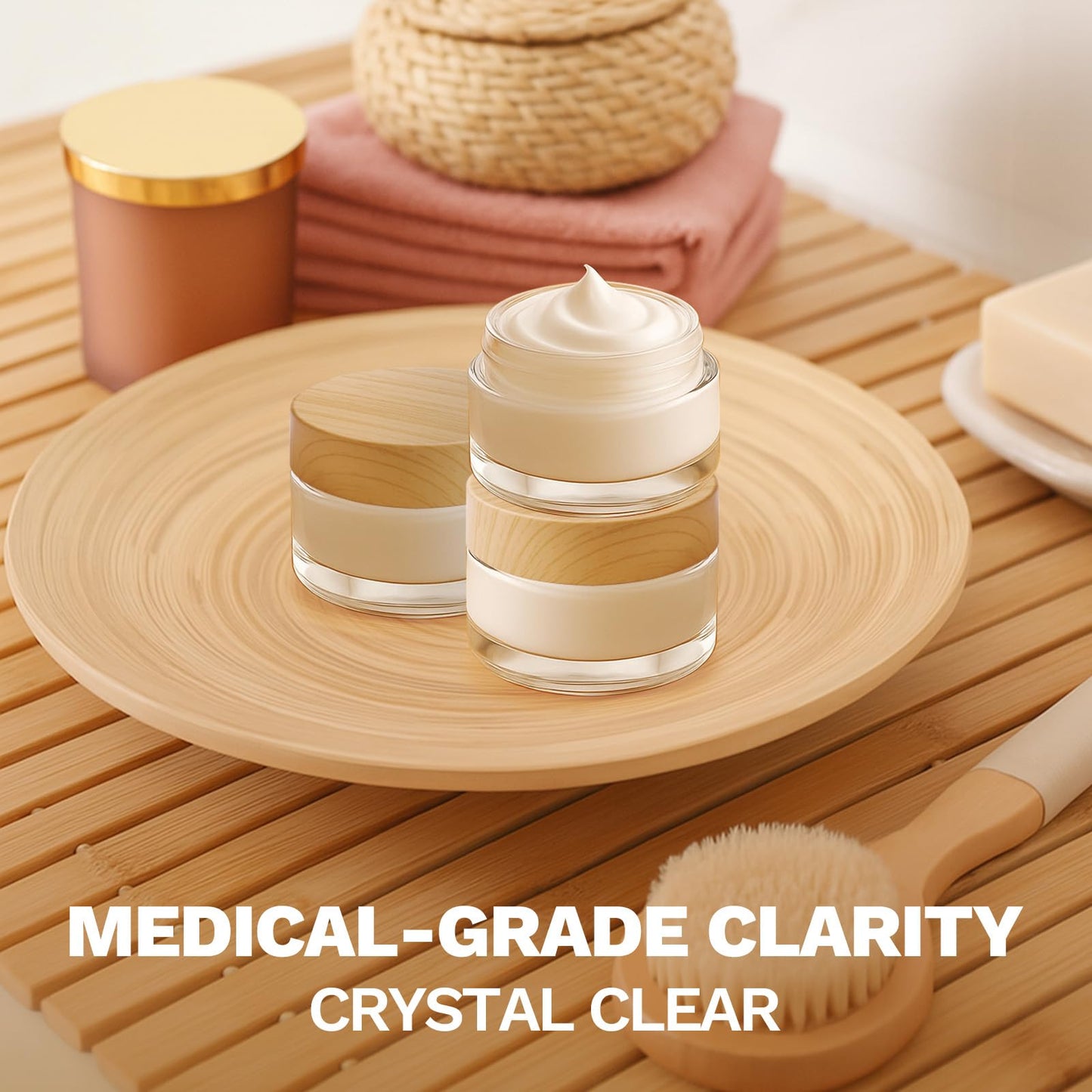 Bumobum 24 Pcs 5 Grams Glass Cosmetic Jars with Plastic Wood-Grain Lids, 5 ml Lip Balm Containers Empty Tiny Sample Jars for Lip Scrub Makeup Eye Cream Travel