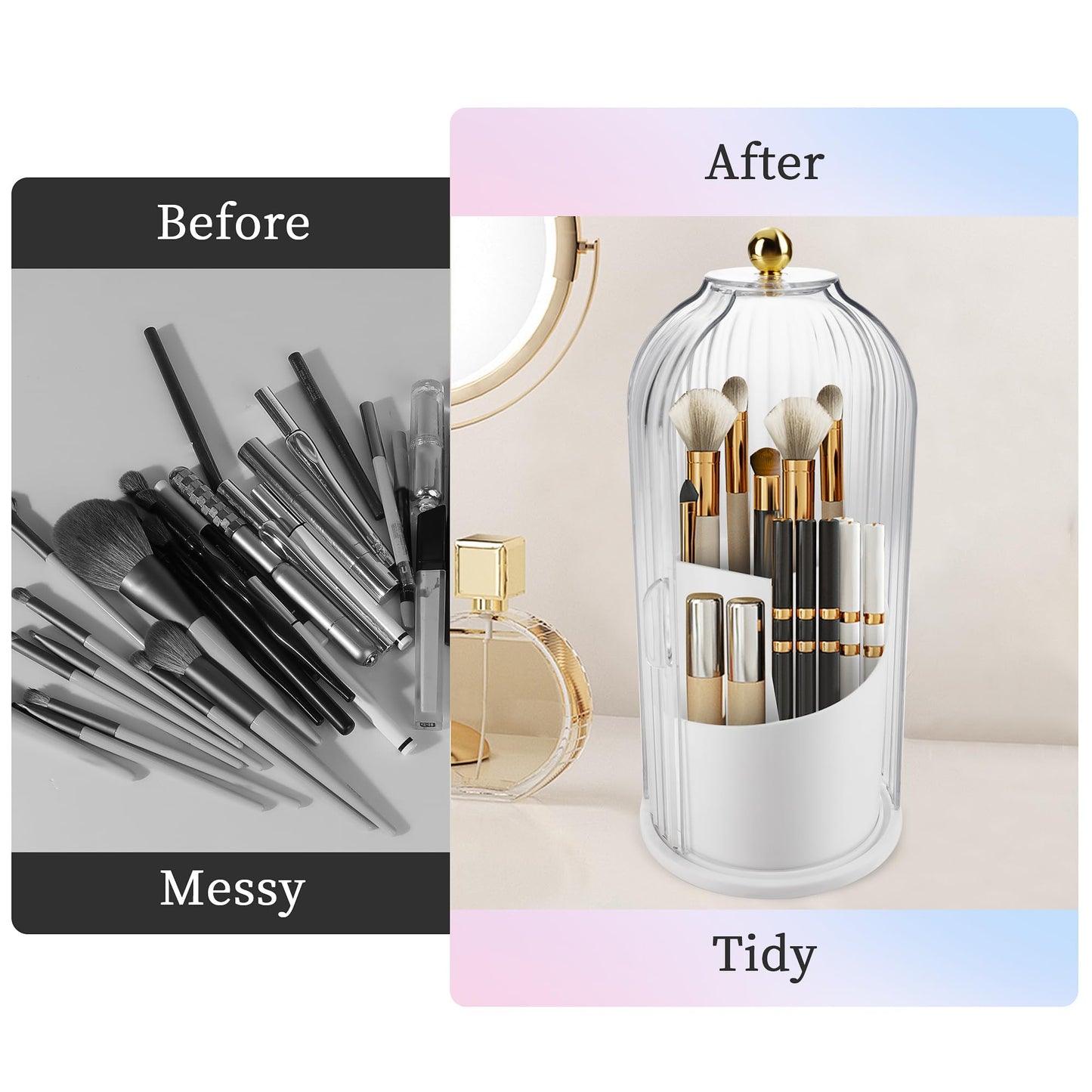 Makeup Brush Holder with Lid 360 Rotating Makeup Brush Organizer, Dustproof Waterproof Material & with 3 Compartments for Organized Storage, Dressing Tables Clear Storage Skincare Cosmetic (White)