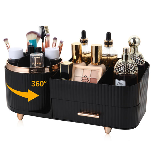 Zufudo Makeup Organizer Countertop with Drawer 360 Rotating Brush Holder Storage Large Capacity Skincare Cosmetic Display Cases for Vanity Bathroom Desktop, Model 3016 Black