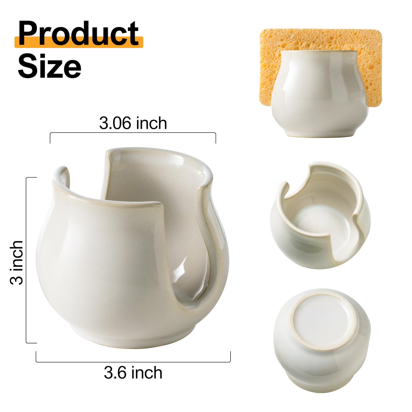 Zoeeker Sponge Holder for Kitchen Sink Counter, Ceramic Dish Sponge Caddy White Sink Organizer Dish Rack Farmhouse Brush Holder for Bathroom, Kitchen, White
