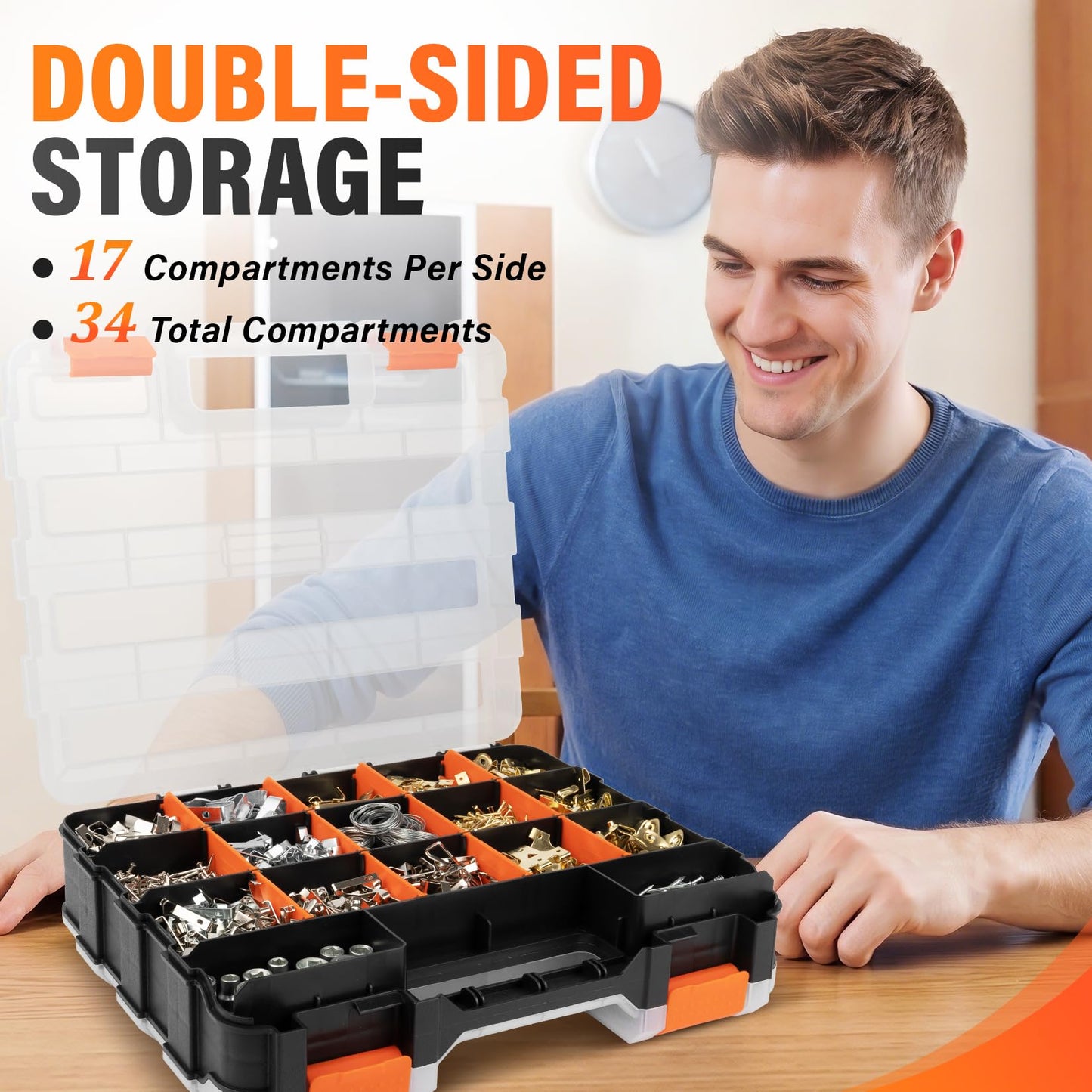 DIYSELF Screw Organizer, Double-Sided 34-Compartment Small Parts Organizer, Hardware Organizers with Adjustable Space, Clear-Lid Compartment Storage Box for Hardware, Crafts, Beads, Nuts and Bolts