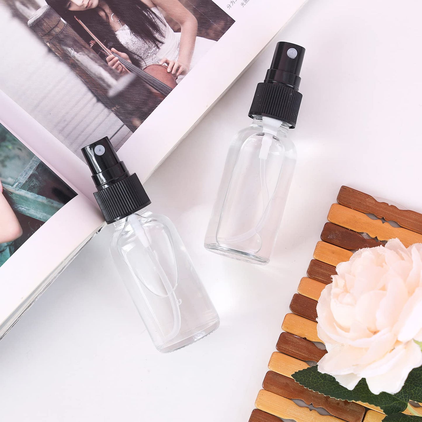 YONKAN 2oz Glass Spray Bottle, Fine Mist Boston Glass Bottles with Black Fine Mist Sprayer Small Clear Bottles for Essential Oils, Bath, Beauty, Hair & Cleaning, Clear, Pack of 24