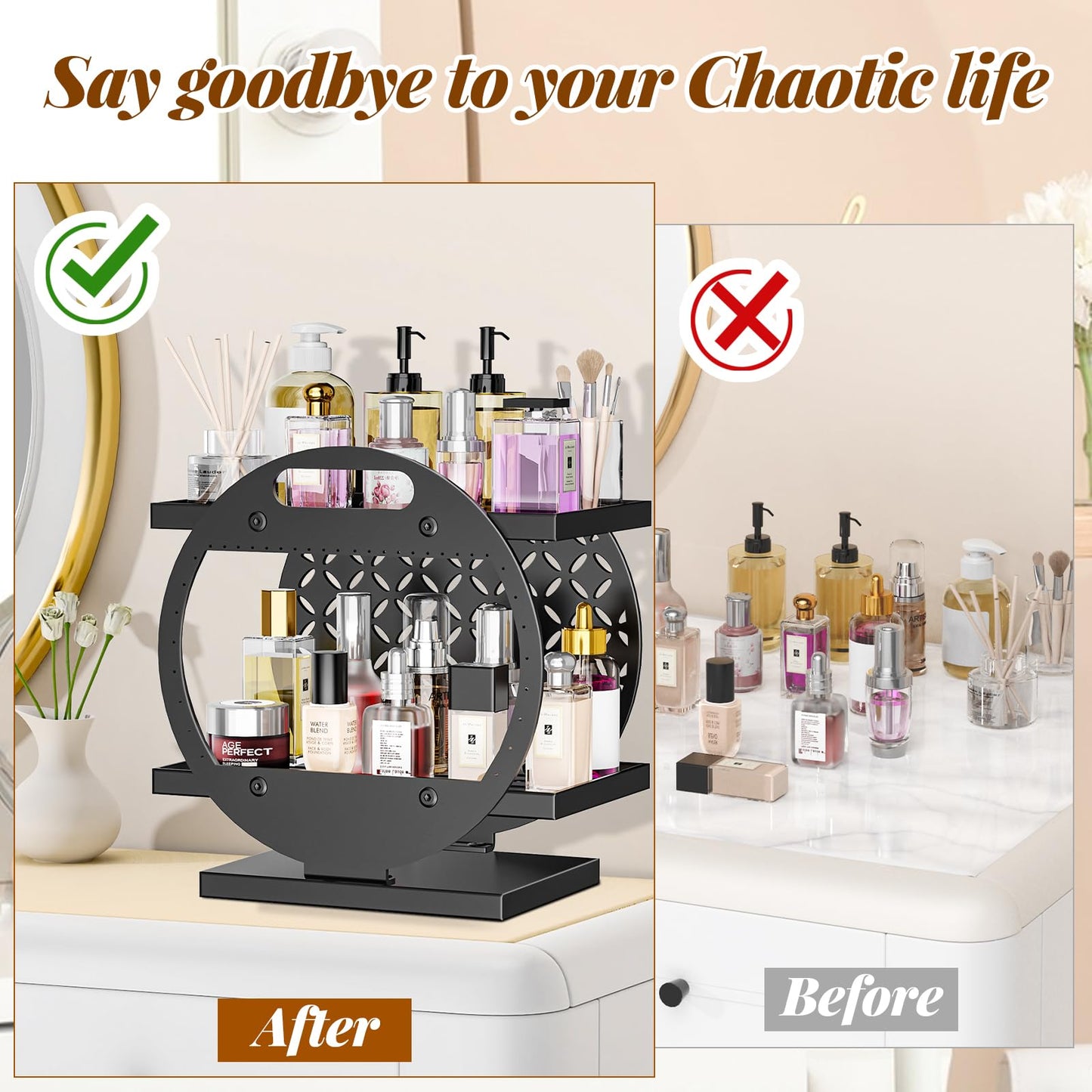 Gouisalin Makeup Organizer for Vanity, 2-Tier Black Perfume Stand Organizer for Dresser, Bathroom Countertop Organizers Bathroom Counter Shelf Skincare Holder Storage Tray Cosmetic Display Rack
