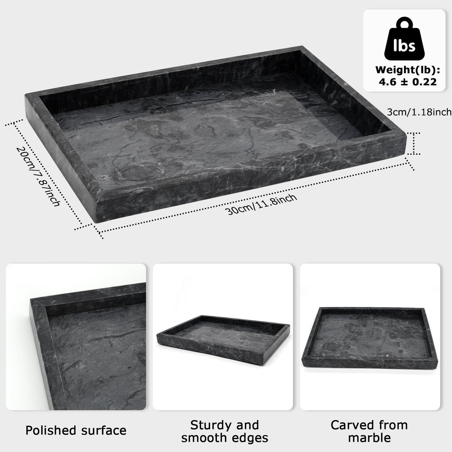 MULWR Marble Bathroom Tray,Pure Natural Vanity Tray,Marble Trays for Kitchen Counter Non-Ceramic/Non-Resin,Stone Tray 12 x 8 inch (Black) ﻿