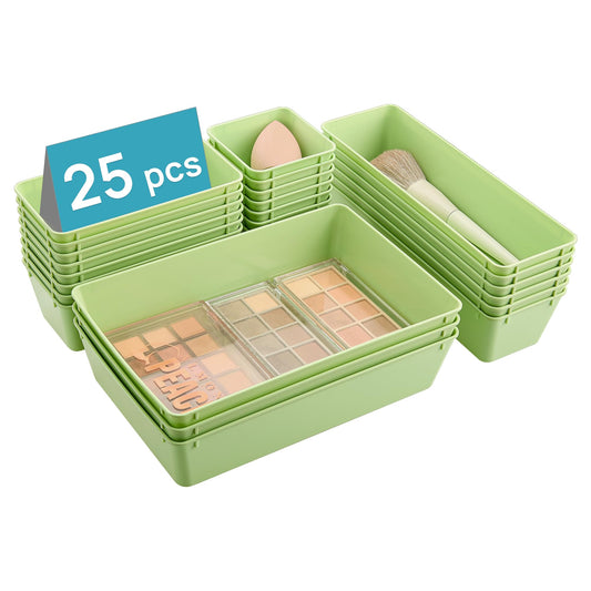 Vtopmart 25 PCS Plastic Drawer Organizers Set, 4-Size Versatile Bathroom and Vanity Drawer Organizer Trays, Storage Bins for Makeup, Bedroom, Kitchen Gadgets Utensils and Office, Light Green