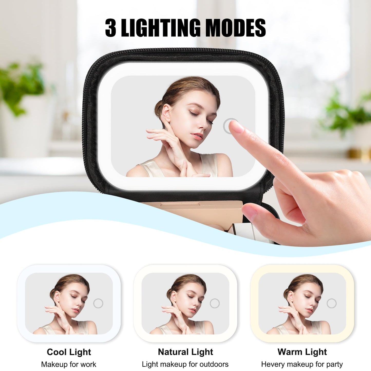 Relavel Mini Makeup Bag with Led Mirror, Small Cosmetic Bag with 3 Light Modes, Rechargeable Portable Makeup Pouch with Hands-Free Wrist Strap for Pool Parties丨Work Touch-Ups丨Travel - Black
