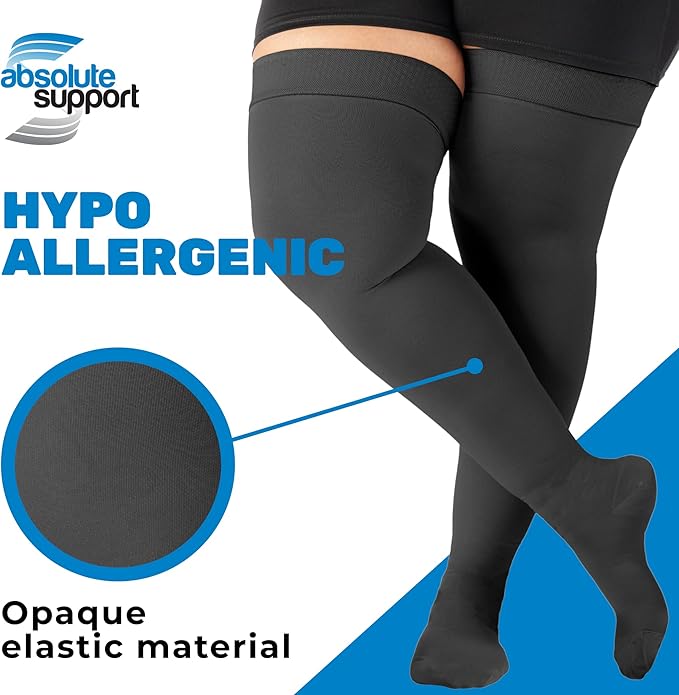 ABSOLUTE SUPPORT Plus Size Thigh Hi Compression Stockings for Men & Women 20-30mmHg, Opaque Over Knee Compression Socks with Wide Calf for Postpartum, Achilles Tendon, Embolism, DVT, Black, 3X-Large
