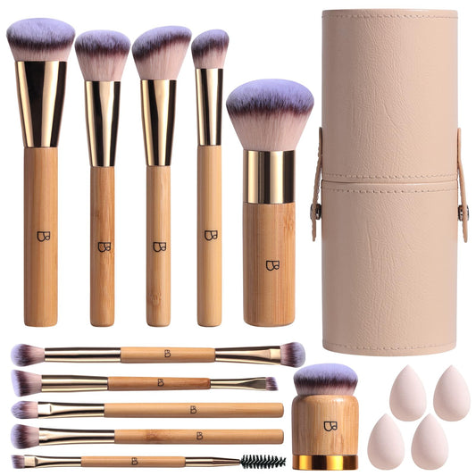 BS-MALL Makeup Brush Set 11Pcs Bamboo Synthetic Kabuki Brush Set Foundation Powder Blending Concealer Eye shadows Blush Cosmetics Brushes with Organizer Holder& 4 Mini Makeup Sponge