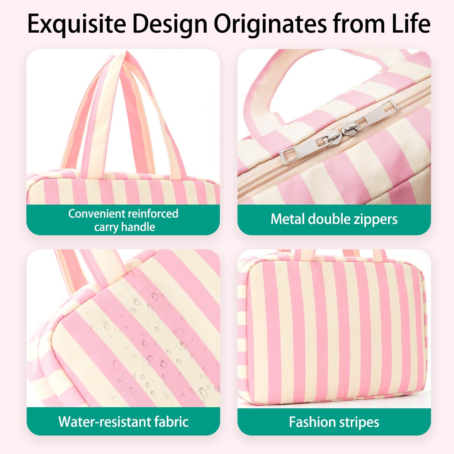Apxouans Toiletry Bag for Women Travel Water-resistant Cosmetic Bag Fashion Stripes Makeup Bag with Hanging Hook Preppy for Store Toiletries Cosmetic Accessories Medium Pink