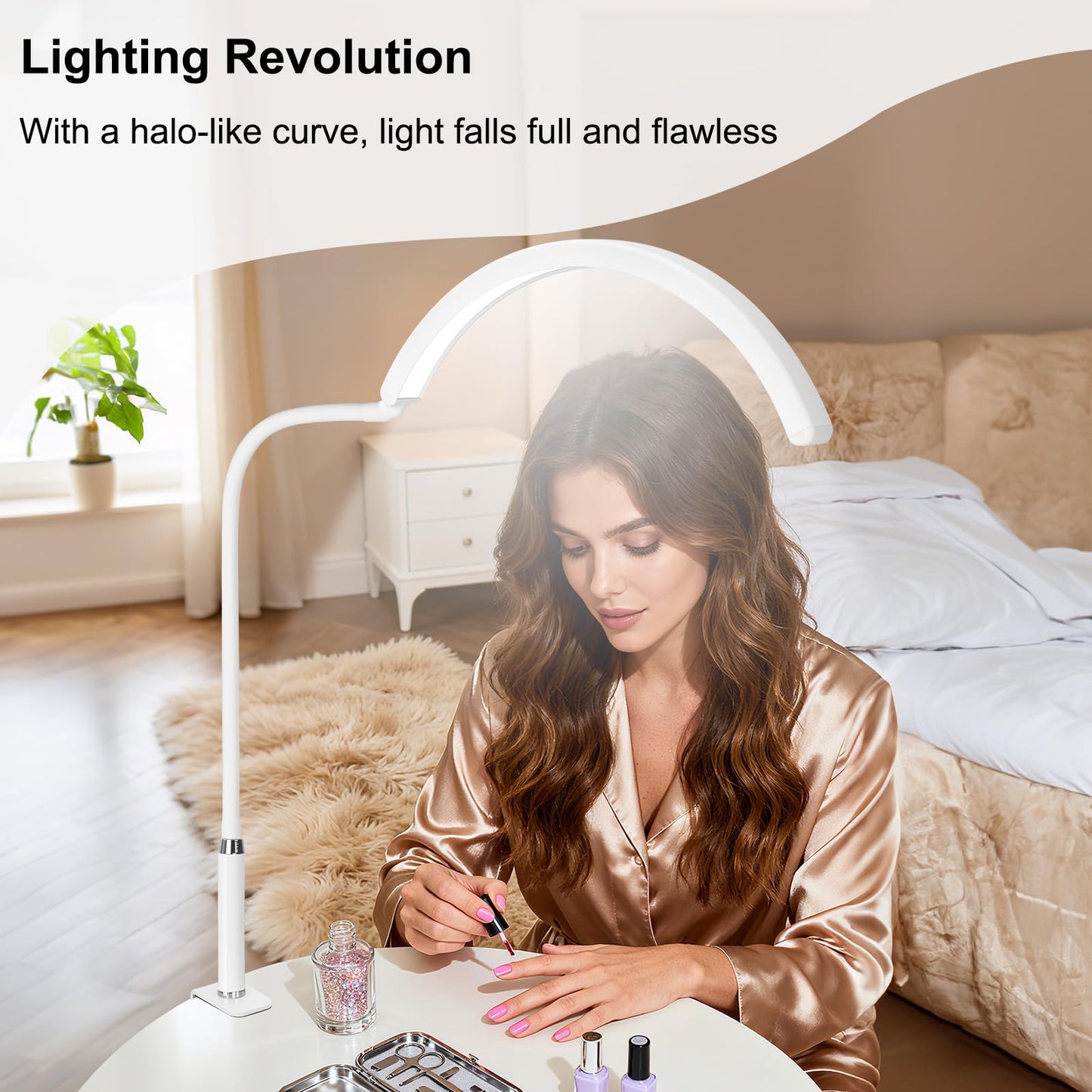 ZEKAHOV Professional Half Moon LED Desk Light for Nail Techs & Artists – Flexible Gooseneck Lamp with Clamp, 5 Color Modes & 5 Brightness Levels for Manicure, Tattoo, Beauty Work