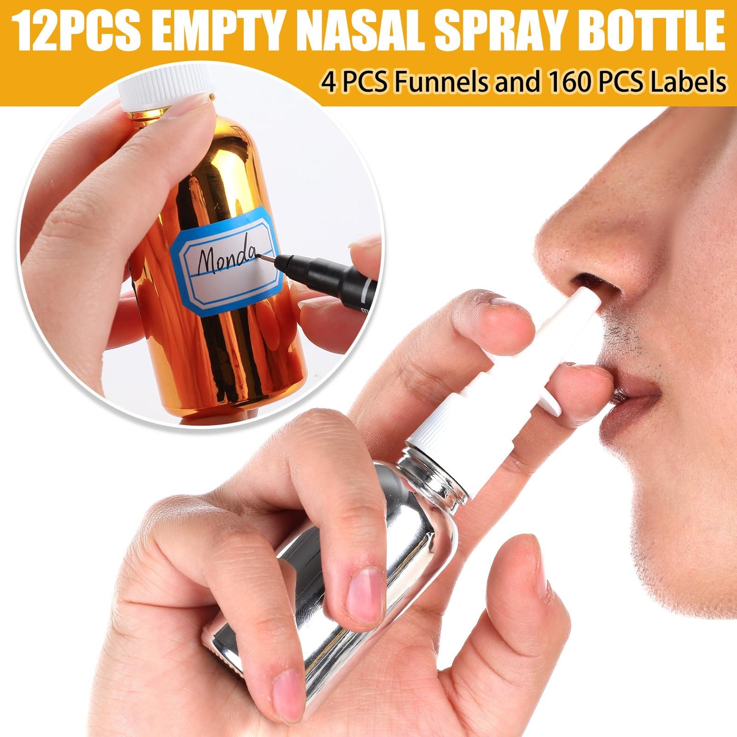 ZHWKMYP 20 Pcs Nasal Spray Bottle, 30ML/1OZ 12 Pcs Bright Plating Gold Silvery Black Empty Refillable Glass Nose Spray Bottle with 4 Funnels and 4 Labels