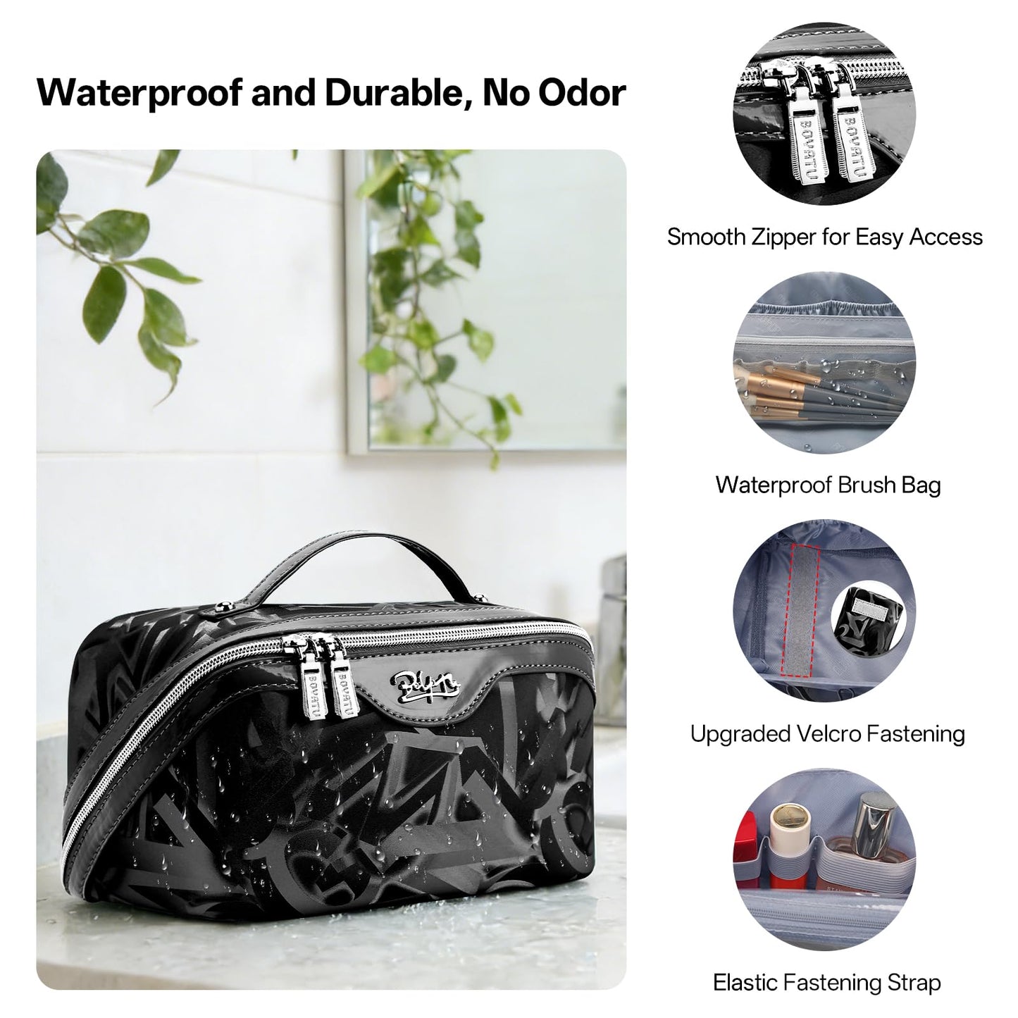 BOYATU Travel Makeup Bag for Women: Y2K Aesthetic Personalized Glossy 3 Pcs Set Cosmetic Organizer Bag - Trendy Statement Toiletry Pouches for Forward Women - Stand Out at Festivals & Trips(D-2-Black)