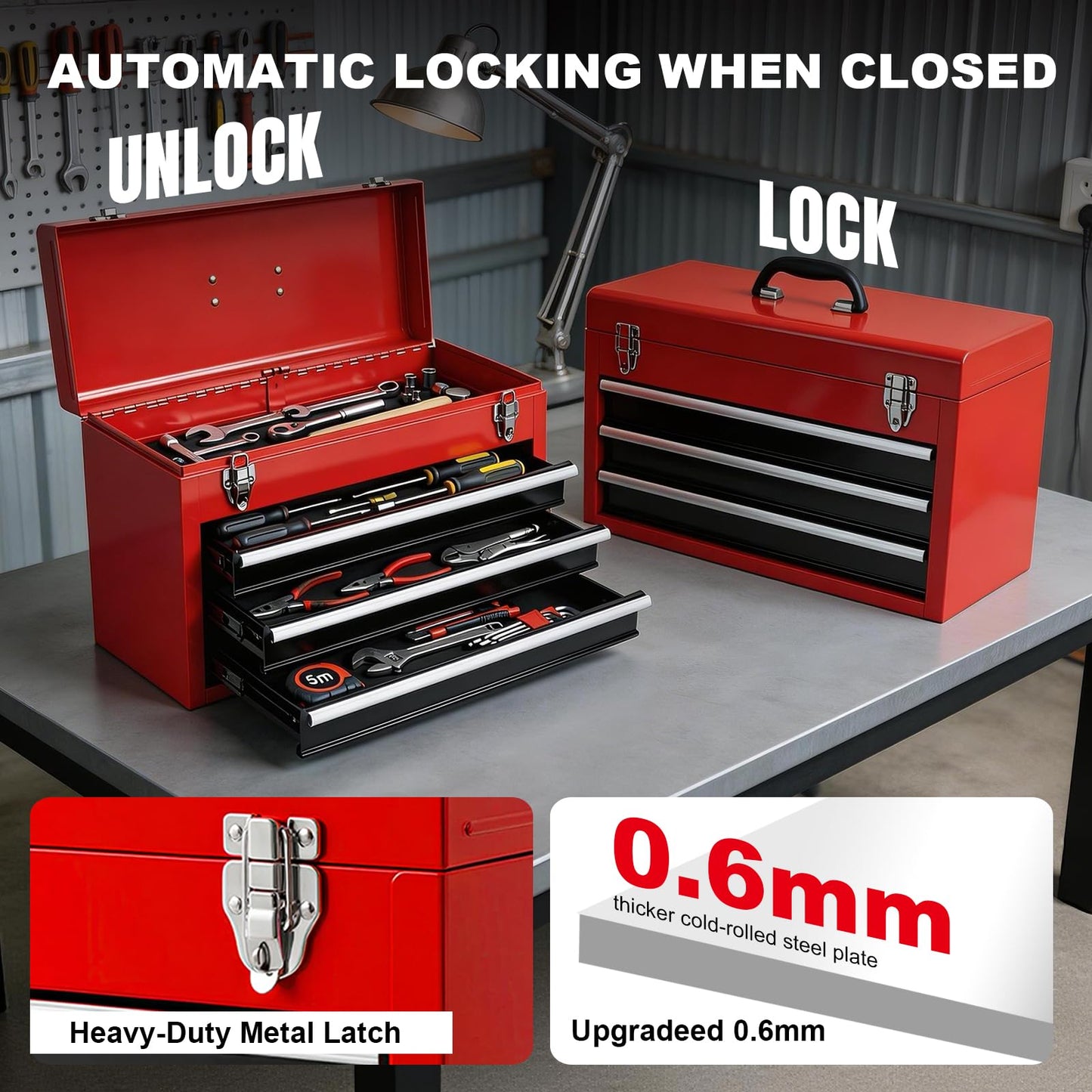BIG RED Metal Tool Box, 20.5-inch, Portable Metal Tool Box with 4 Drawers, Small Tool Chest with EVA Liners, Ball Bearing Slide Drawers Locking & Powder Coated Finish, Multi-Function Tool Organizer