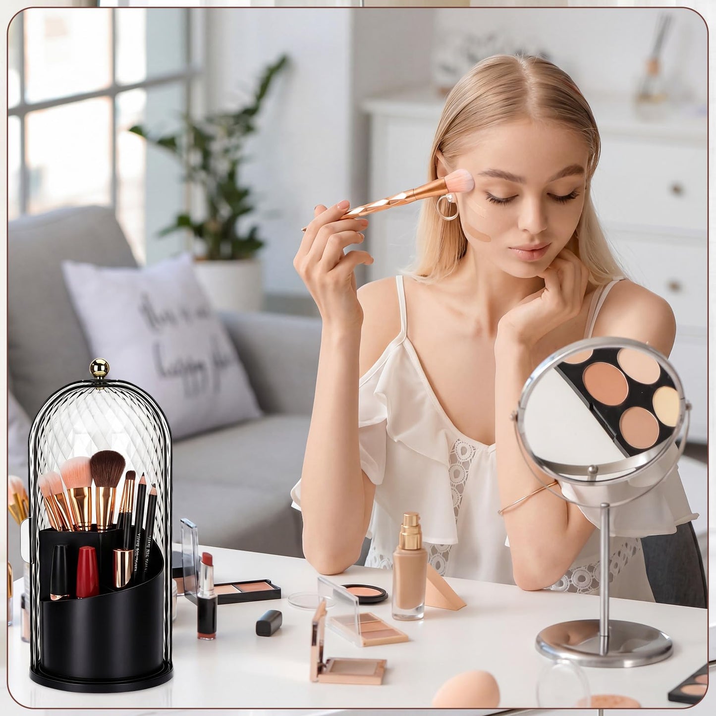 Acellegic 4 Pack Makeup Brush Holder with Lid 360° Rotating Cosmetic Organizer with 3 Compartments Dustproof Beauty Brush Storage for Vanity Bathroom Countertop(Black)