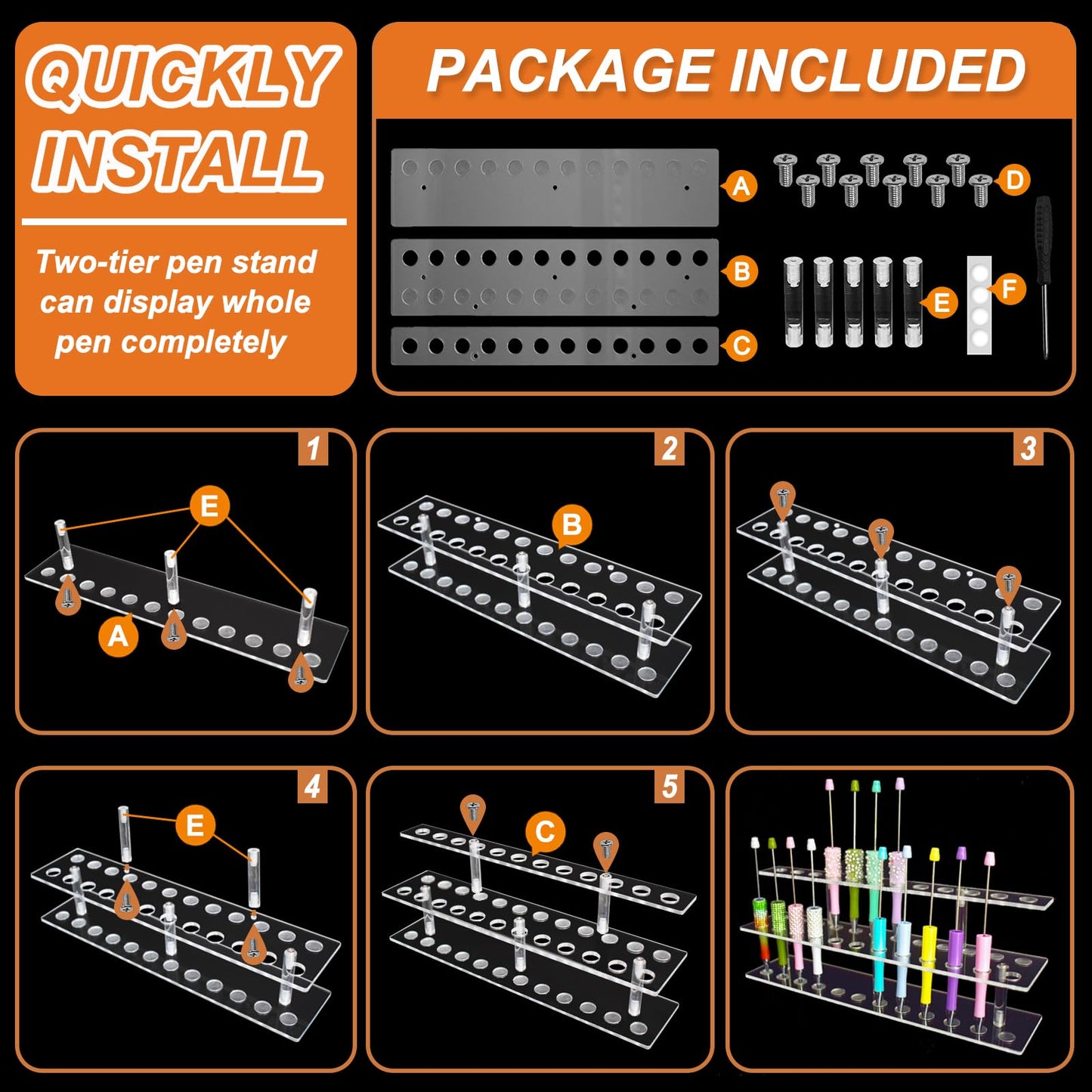 HESHUYU Acrylic Pen Display Stand 24 Slots 1.5cm Clear Pen Stand Display 2 Tier Acrylic Pen Holder Stand for Beadable Pen Pencil