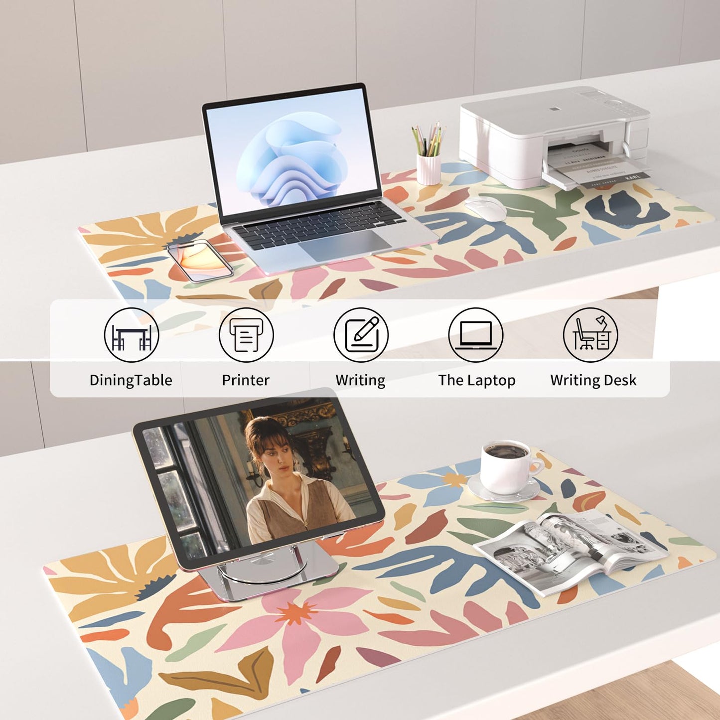 Colorful Star Abstract Floral Large Mouse Pad, Waterproof Office Desk Mat, Non-Slip Gaming Mouse Pad, XXL PC Laptop Protector Pads, PU Leather Desk Writing Pads for Office Home, 31.5" x 15.7"