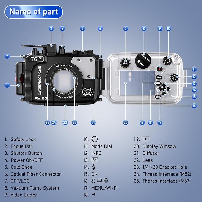 Sea frogs Camera Housing Compatible with Olympus TG7, with Red Filter, Waterproof IPX8 Rated, 60m/197ft Depth Protection Underwater Camera Case, Black
