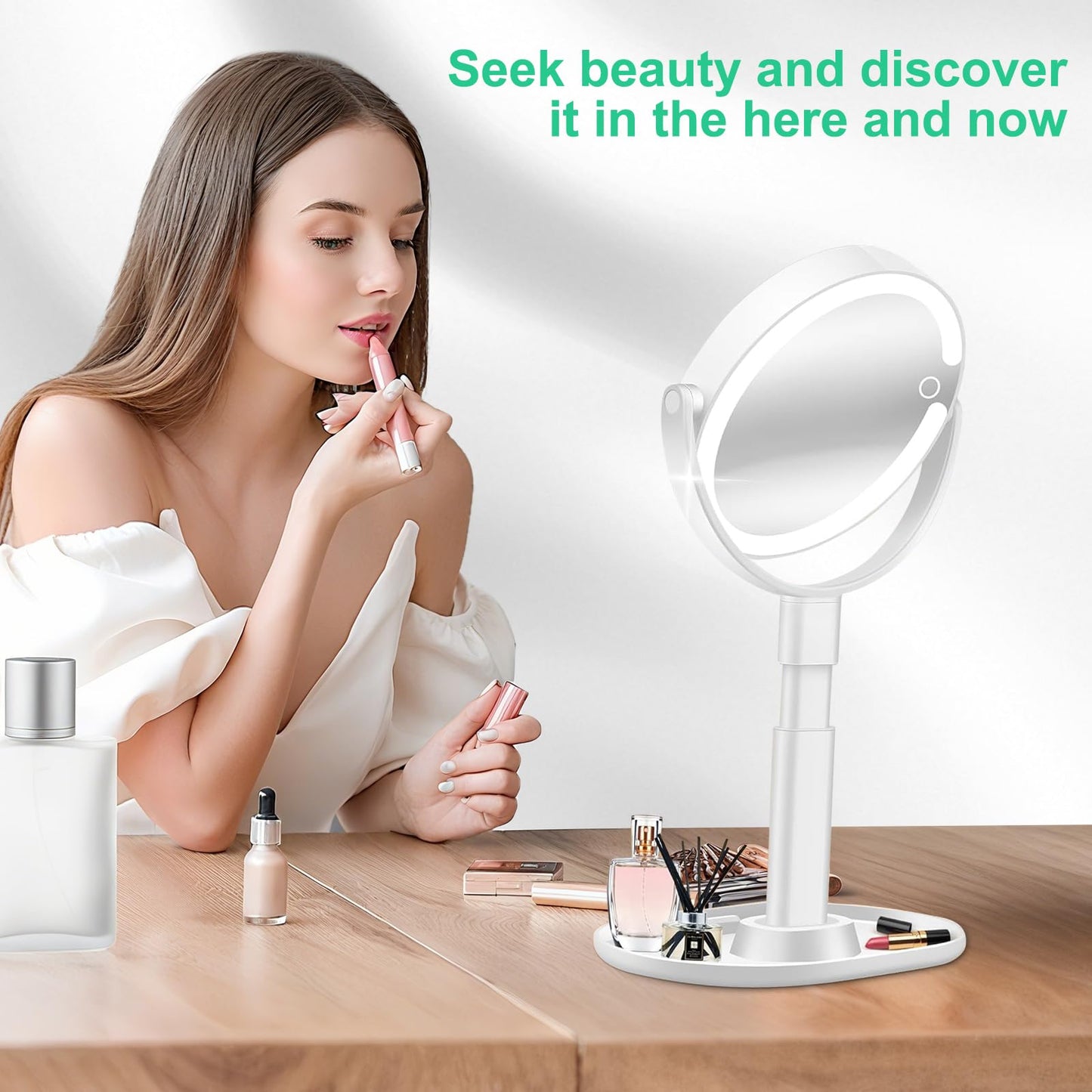 20X/1X Magnifying Makeup Mirror with Lights, Double-Sided Home Vanity Mirror with 3 Color Brightness Adjustable, 360° Rotation, Adjustable Height, Rechargeable, Phone Holder and Storage Tray