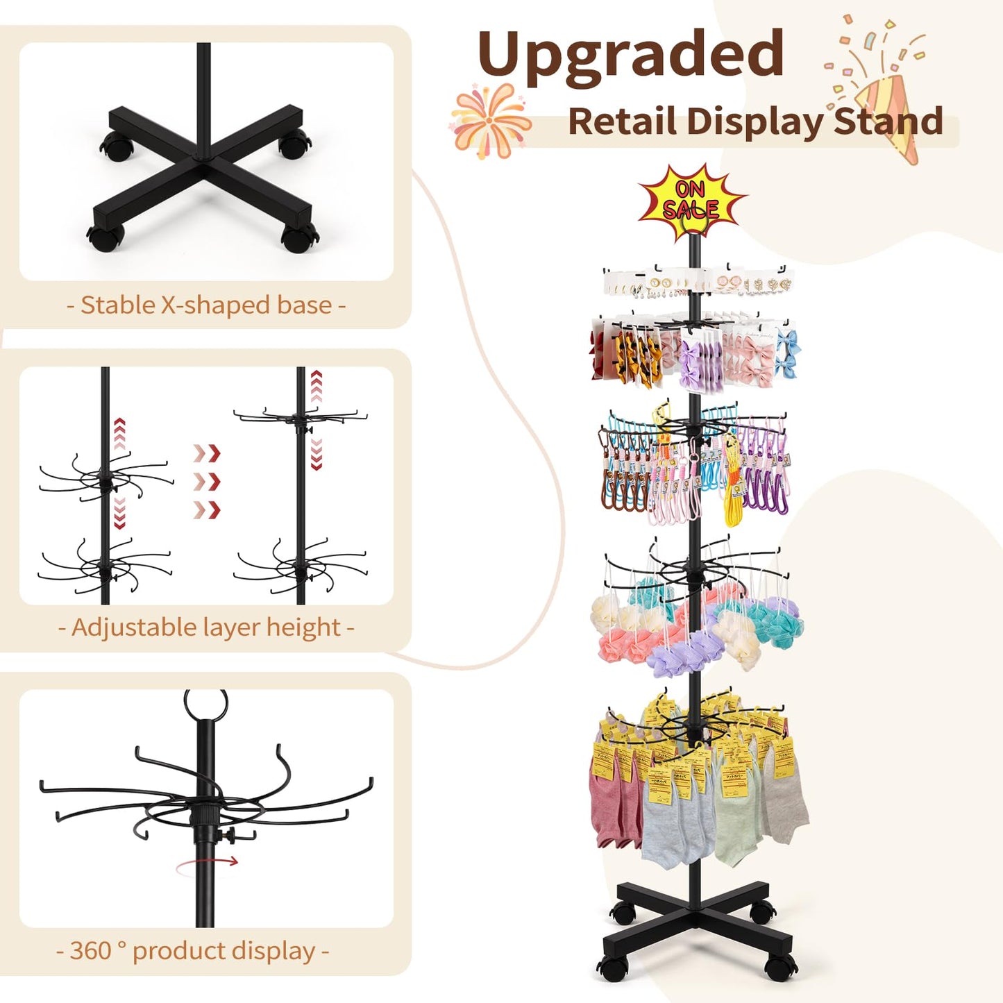 Flenpptly Retail Display Stand, 5-Tier Rotating Display Rack for Store Display, Movable and Adjustable Spinning Display Stand for Earrings, Jewelry, Keychains, Socks Display (Black)