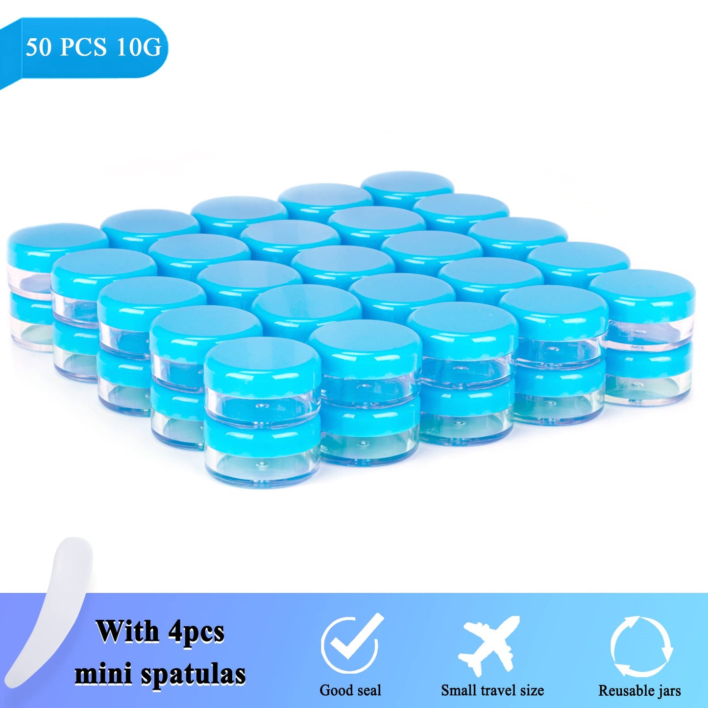 50PCS 10 Gram Sample Containers,10ml Empty Jars with Lids, Small Cosmetic Containers, Mini Sample Jars with 4PCS Mini Spatulas for Make Up, Oils, Lotion, Powder, Paint, Jewelry, Lip Balms(Blue Lid)