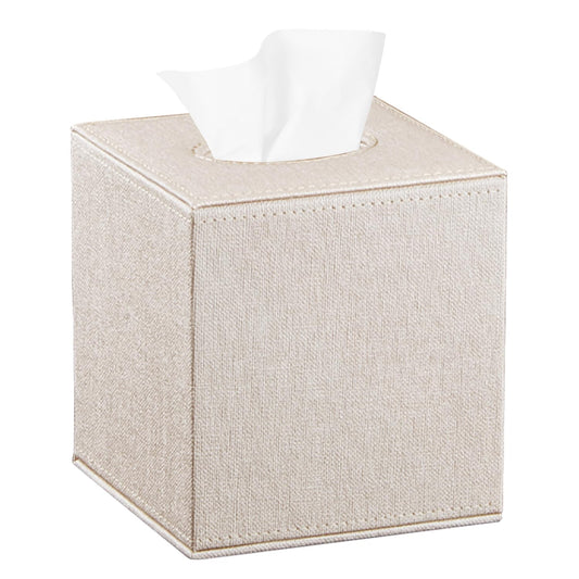 Leather Square Tissue Box Cover,Cut Tissues Cube Box Holder,Modern Facial Paper Organizer Storgage,Box Tissue Dispenser Decor Accessories for Bathroom NightStand Coffee Table Desk Home Office,Beige