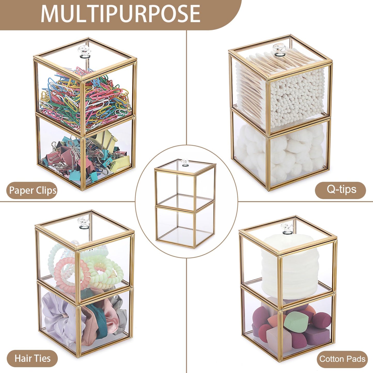 Hipiwe Glass Qtip Holder Dispenser with Lid 2-Tier Stackable Bathroom Containers Cotton Ball & Swab Holder Vanity Organizer Jars Gold for Makeup Pads
