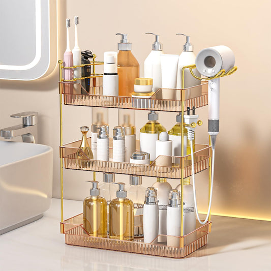ZZWILLB 3-Tier Bathroom Countertop Organizer - Amber Acrylic Vanity Trays with Hair Dryer & Toothbrush Holder - Luxury Skincare, Perfume & Makeup Storage Rack for Countertop, Dresser & Cabinet