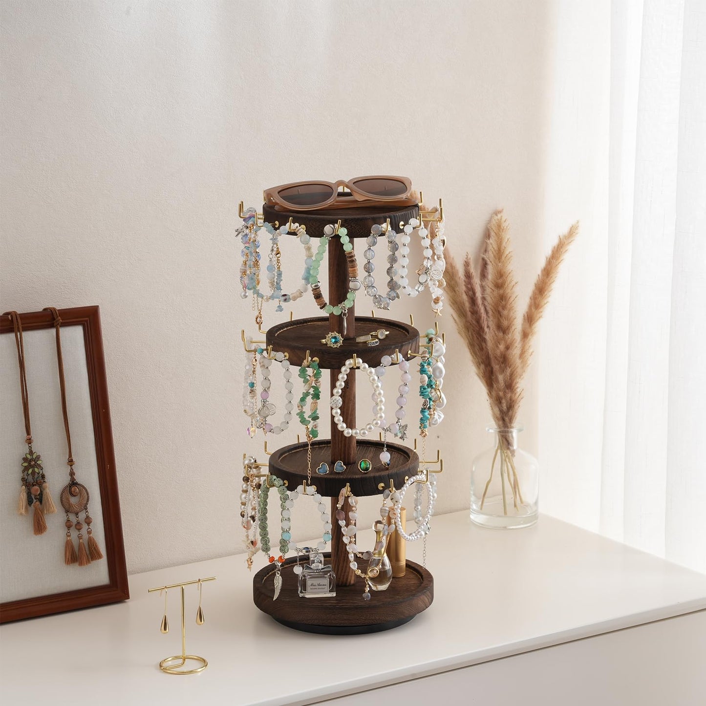 Lolalet 4 Tier Bracelet Holder, Wooden Rotating Bangle Display Stand with 42 Hooks and Tray Base, 360 Degrees Rotatable Rustic Tree Storage for Bracelets Key Chains Small Accessories -Darkbrown