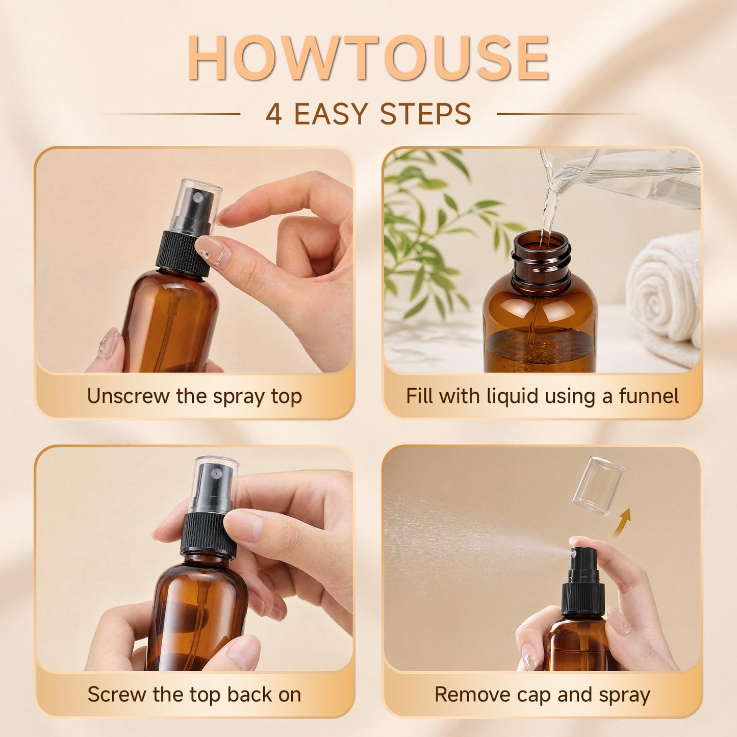 WINTECY 2 oz Amber Small Spray Bottle, Empty Spray Bottles plastic spray bottles Fine Mist Spray for Hair, Travel, Plants, Cleaning Solutions and Skin Care (24)