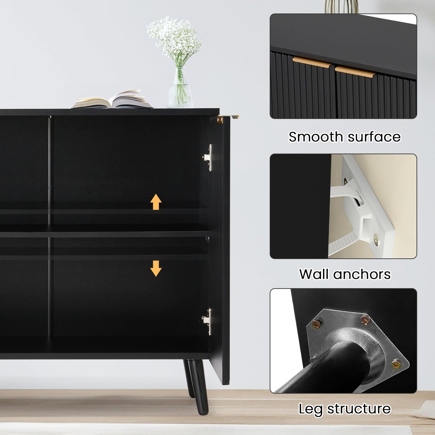 HOMHUM Fluted Black Storage Cabinet with Doors, Wood Sideboard Buffet Cabinet with Adjustable Shelf, Modern Accent Table for Living Room, Entryway