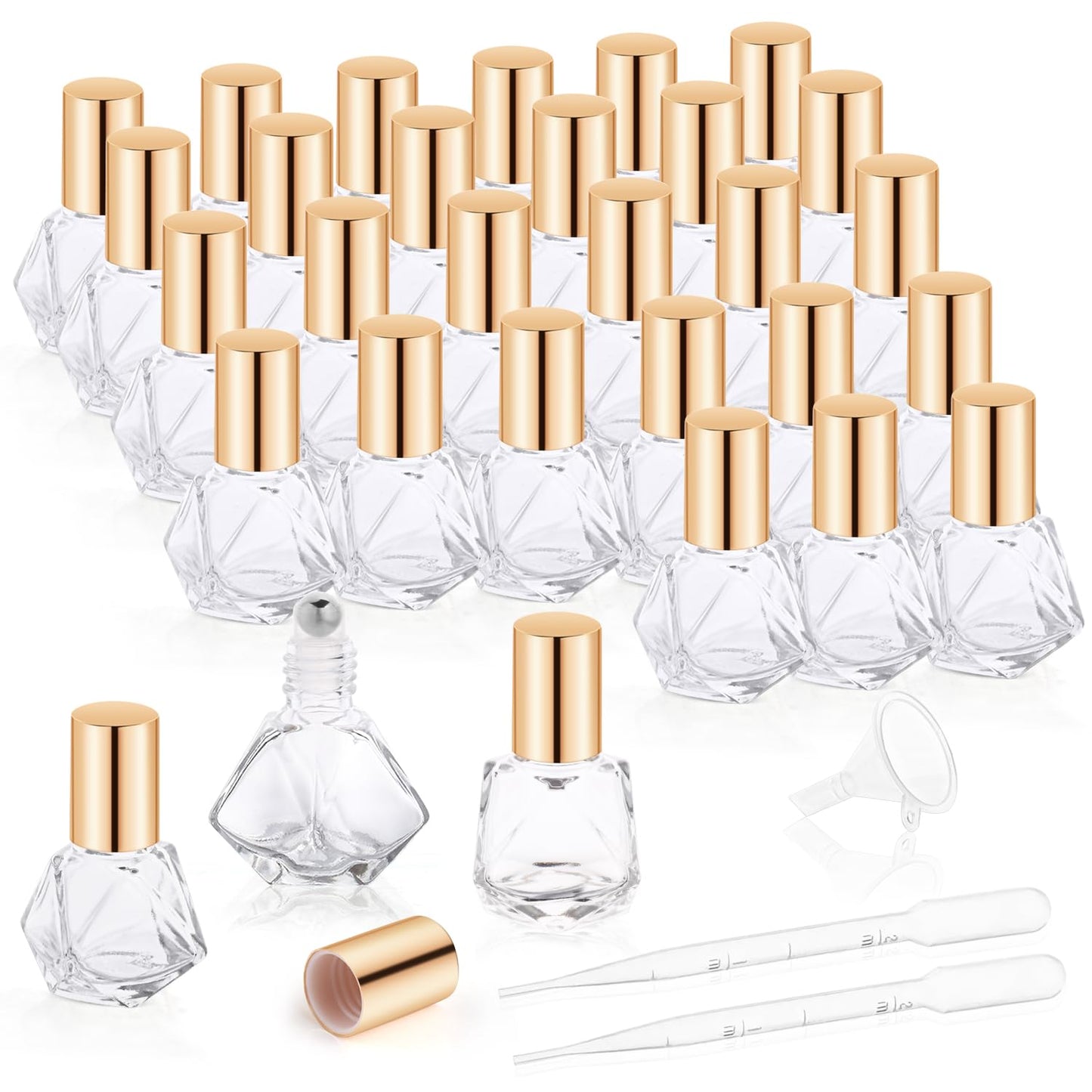 30 Pcs 8ml/0.27oz Essential Oil Roller Bottles Glass Polygonal Roller Bottles Empty Cosmetic Vials Containers with Stainless Steel Roller Balls for Travel Perfume Essential Oil, 2 Dropper, 1 Funnel
