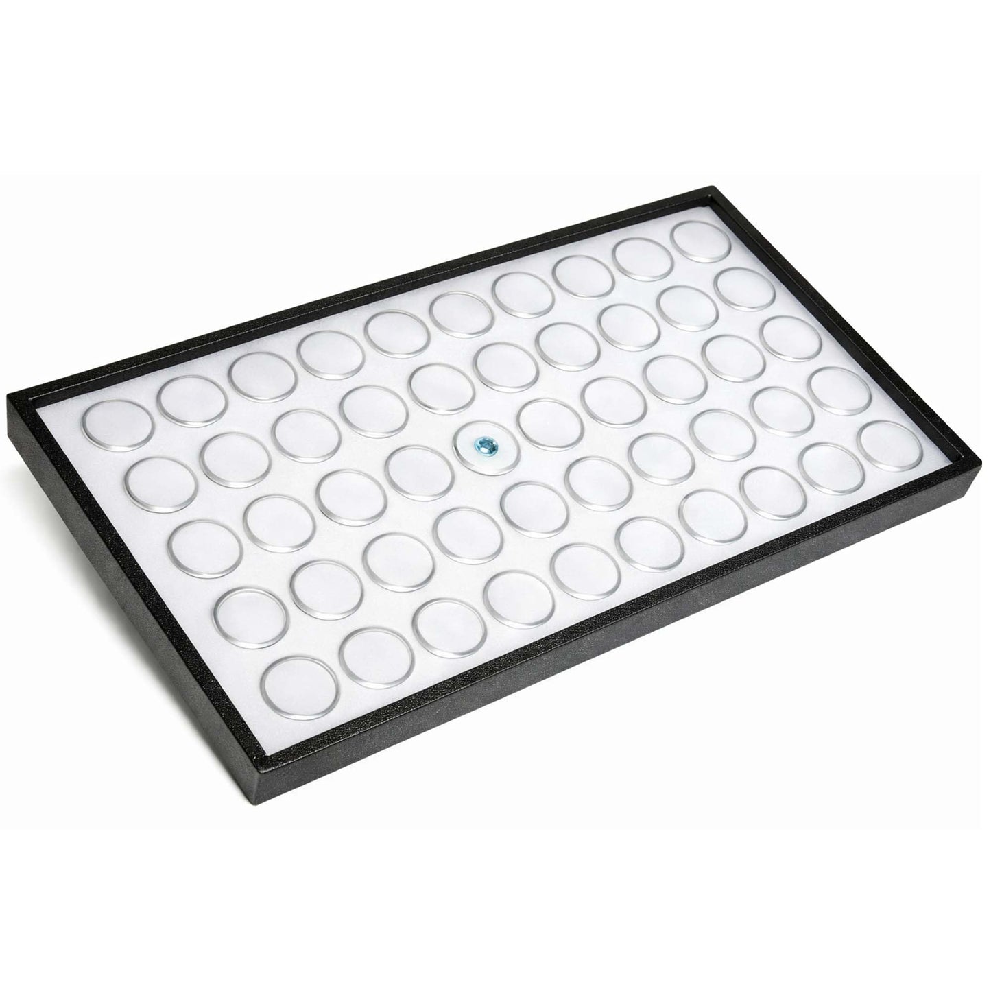 RJ Displays 50 White Foam Gem Jars with Tray, Gemstone Display Case with Lids for Gems, Coins, Gem Storage Organizer, Gem Holder, Charm Box, Gem Display Case, Gemstone Storage, 14.5" x 7.8" x 0.75"