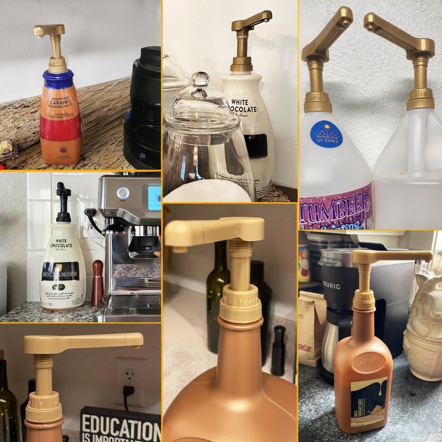 2Pcs Gold Sauce Pump Dispenser for 64 oz Chocolate Pumpkin Caramel Sauce Bottles, Reusable Large 15CC Syrup Pump Dispenser for Vanilla Mocha Sauces