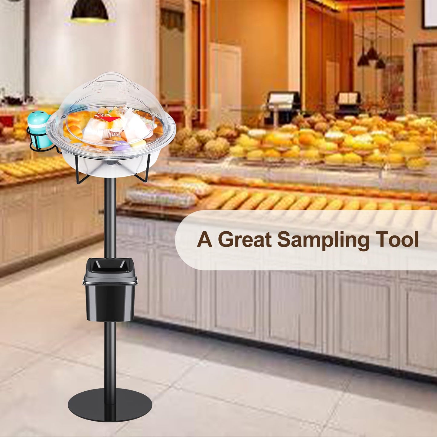 CHENNTAI Black Metal Food Sample Display Stand, Food Tasting Station with Toothpick Holder and Rubbish Bin for Supermarkets, Bakeries and Other Food Shop