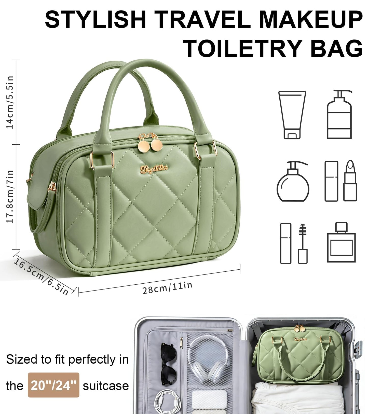 Bagstellar Travel Makeup Bag, Large Capacity Quilted Toiletry Bag for Women Stand-up Cosmetic Bag Open Flat Make Up Case Organizer Portable Pouch Purse w/Handle for Traveling Accessories, Sage Green