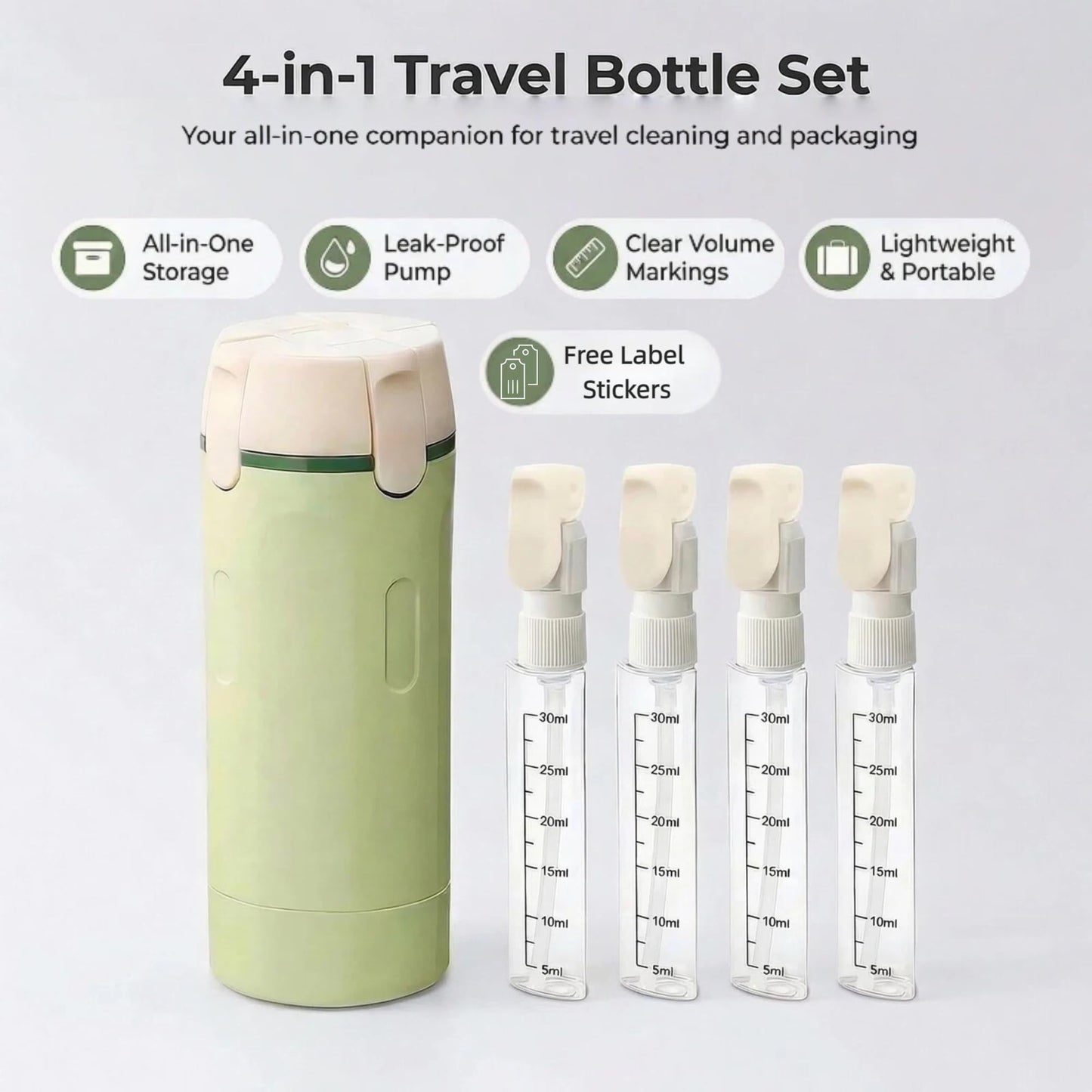 4 in 1 Travel Dispenser Bottle - Leak Proof Refillable Pump Set for Shampoo Conditioner Lotion, 4 Pack 30ml Portable Containers for Air Travel Business Trip Essentials (Green)
