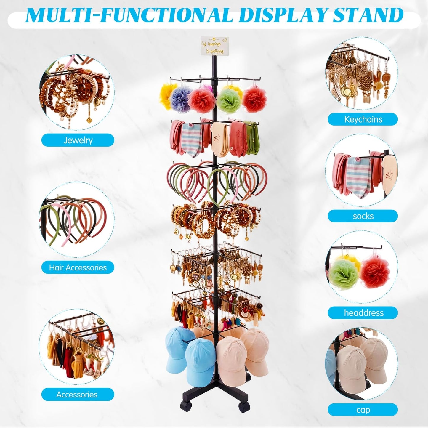 Ripeng 2 Pack 7-Tier Rotating Retail Display Stand, Adjustable Spinning Rack with Wheels for Jewelry Earrings Keychains Craft Shows Vendor Events, Black