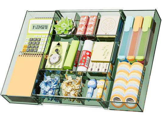 Marbrasse Expandable Desk Drawer Organizer, Clear Plastic Drawer Organizer Tray with 10 Adjustable Compartments, Desk Organizers and Accessories, 5 Drawer Dividers for Office Supplies(Clear Green)