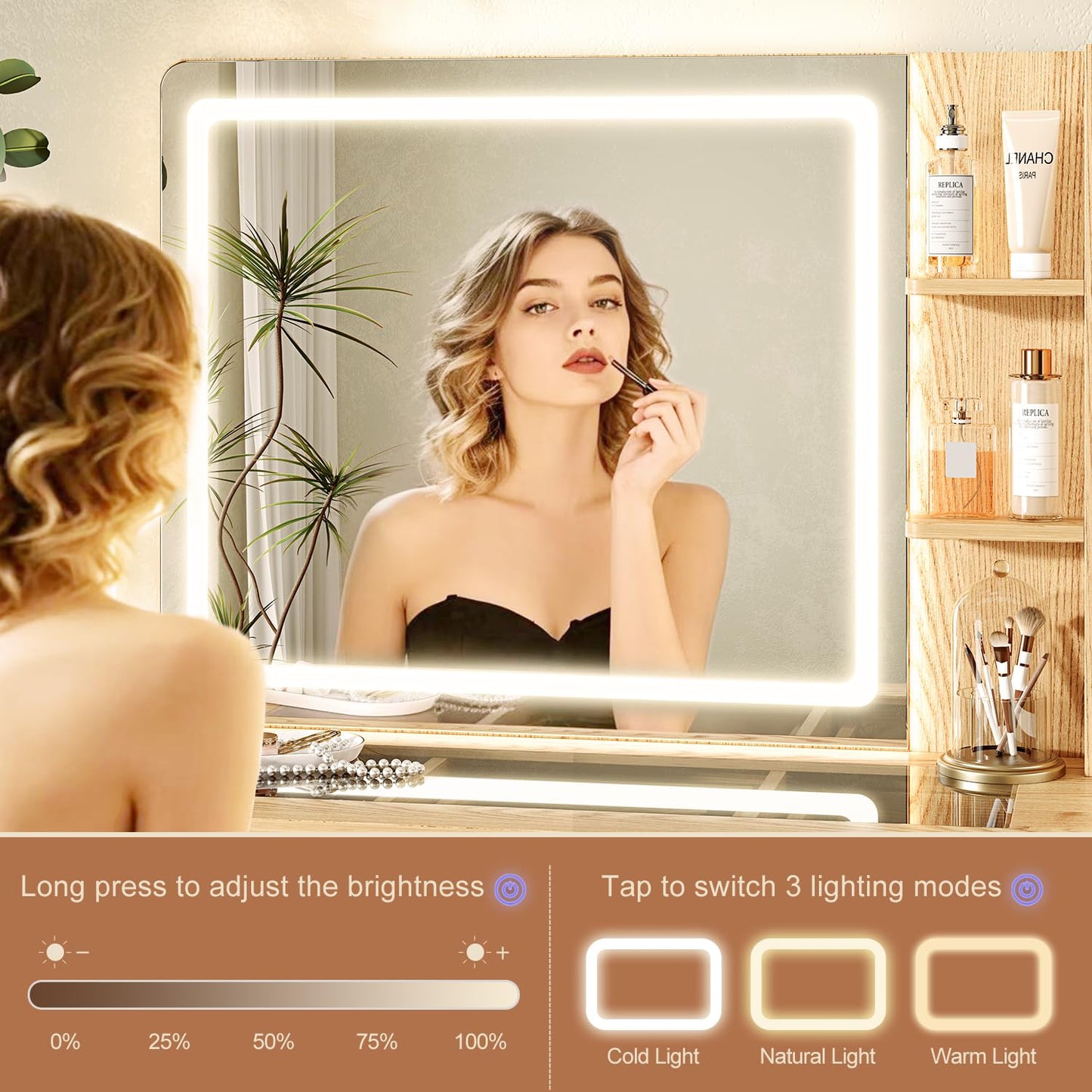 Glass Top Makeup Vanity with 3-Color LED Lighted Mirror & Power Strip, Large Vanity Table with 9 Drawers, Enclosed Cabinet & 2-Tier Open Shelves, Wooden Legs Bedroom Dressing Table, 47.2"W, Oak