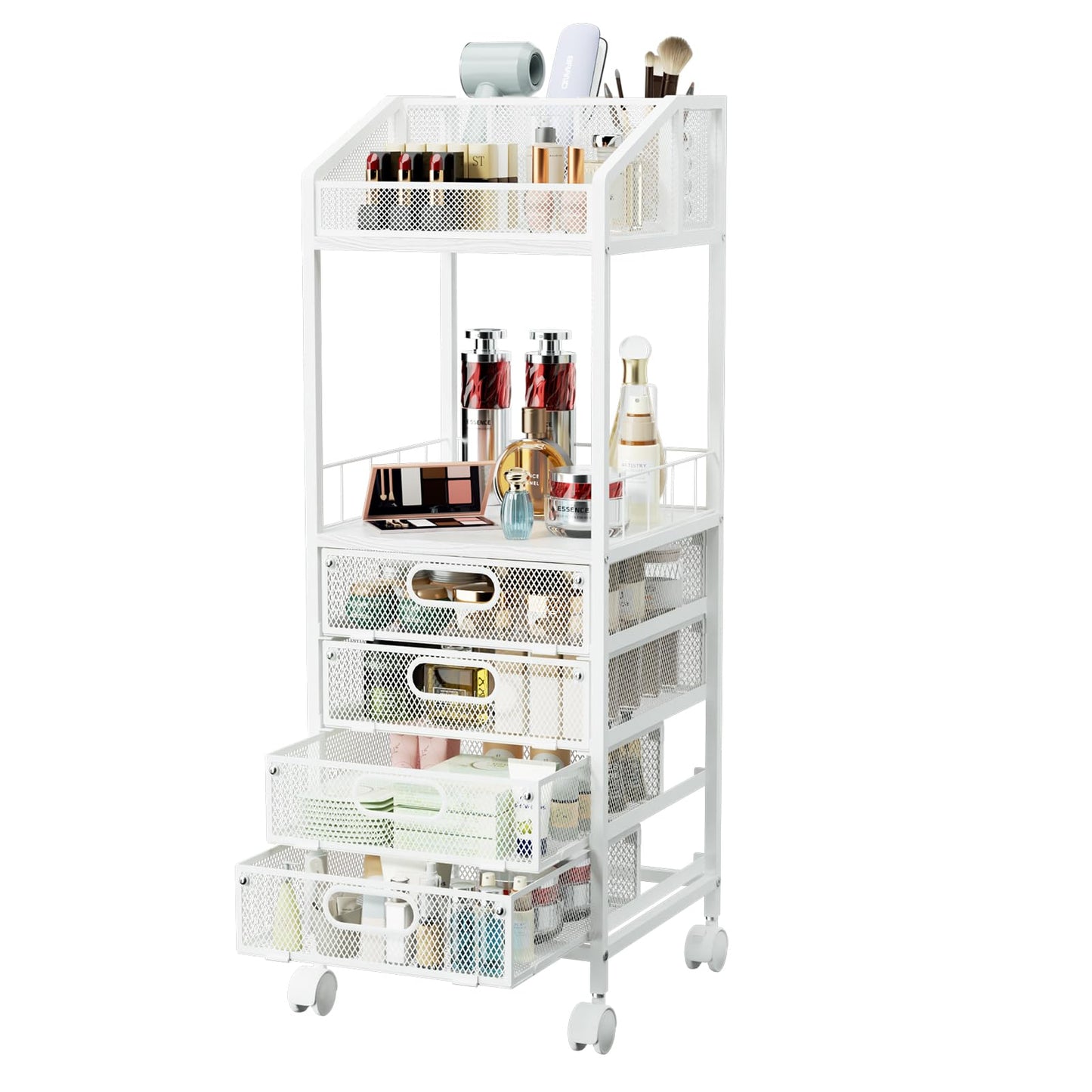 HapiRm Makeup Organizer Storage Cart - Floor Skincare Make Up Storage with 4 Drawers, Rolling Makeup Cart Vanity Organizer Cosmetics Display Cases Holder for Skin Care Perfume Nail Polish