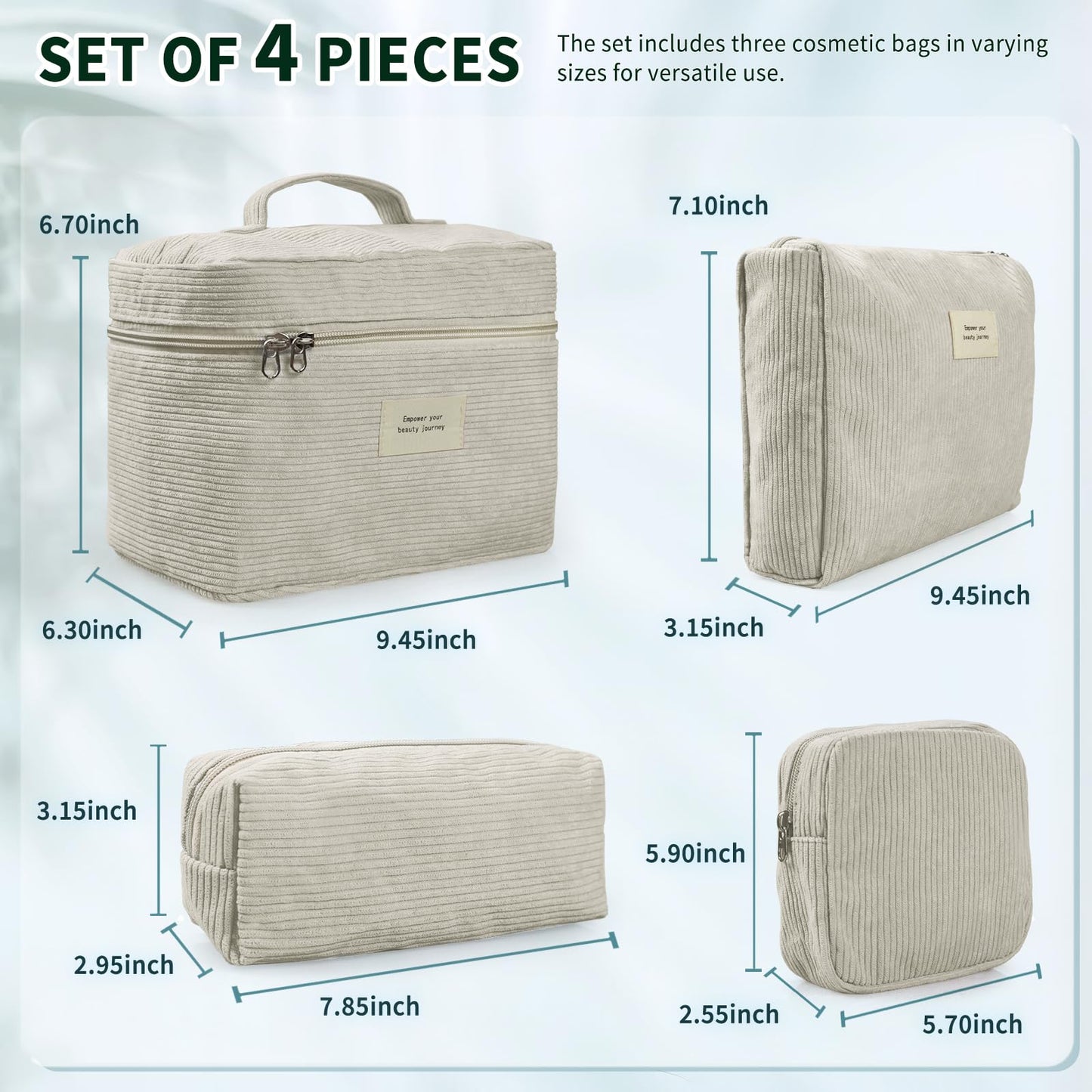LVWNM 4 Pcs Makeup Bag for Women Corduroy Cosmetic Bag Aesthetic Cute Bags Multi Size Purse Pouch Travel Toiletry Bag Set Makeup Organizer with Zipper(Beige)