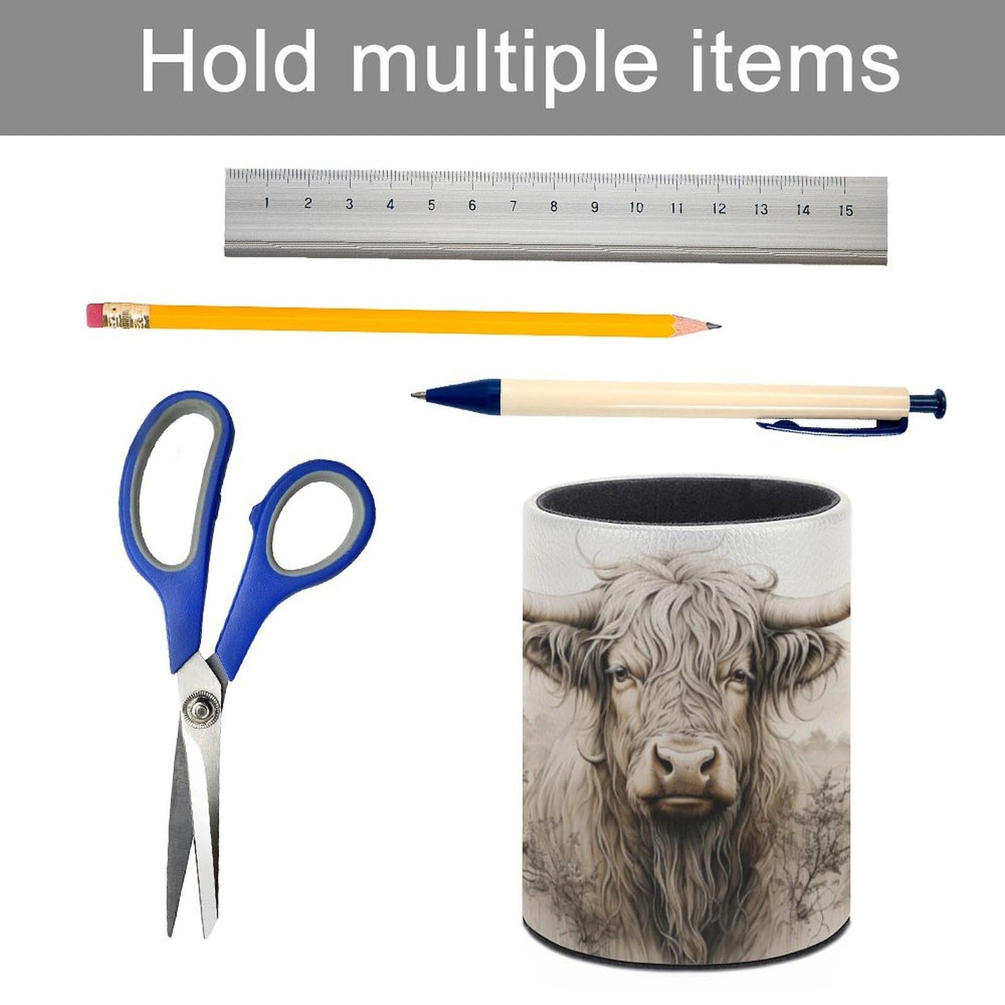XUWU Highland Cow Pen Holder Pencil Organizer Cute Pencil Cup Desk Decor Makeup Brush Holder PU Multifunctional Office Suppliesfor Home Classroom School