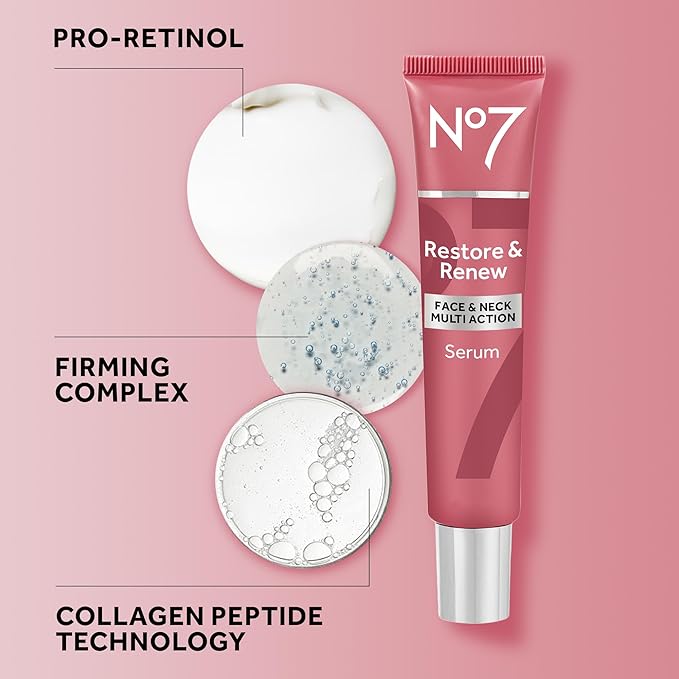 No7 Restore & Renew Multi-Action Face & Neck Serum - Anti Aging Serum for Deep Wrinkle Repair - Collagen Infused Skincare with a Hydrating Blend of Hibiscus Peptides & Hyaluronic Acid (0.5 Fl Oz)