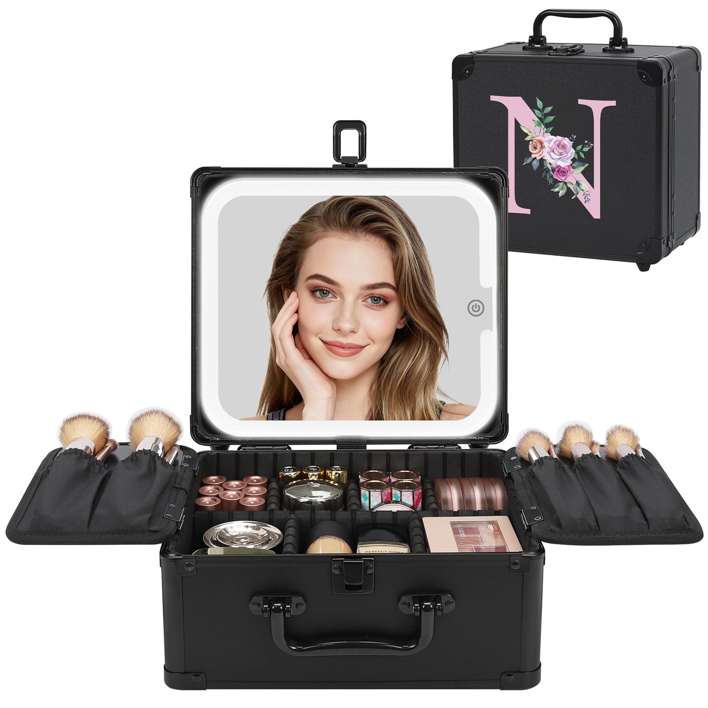 Relavel Birthday Gifts for Women Teen Girls, Initial Makeup Bag with LED Mirror Personalized Cosmetic Bag Travel Organizer Train Case, Teacher Graduation Gift Teen Girl Gifts Trendy Stuff, Black N