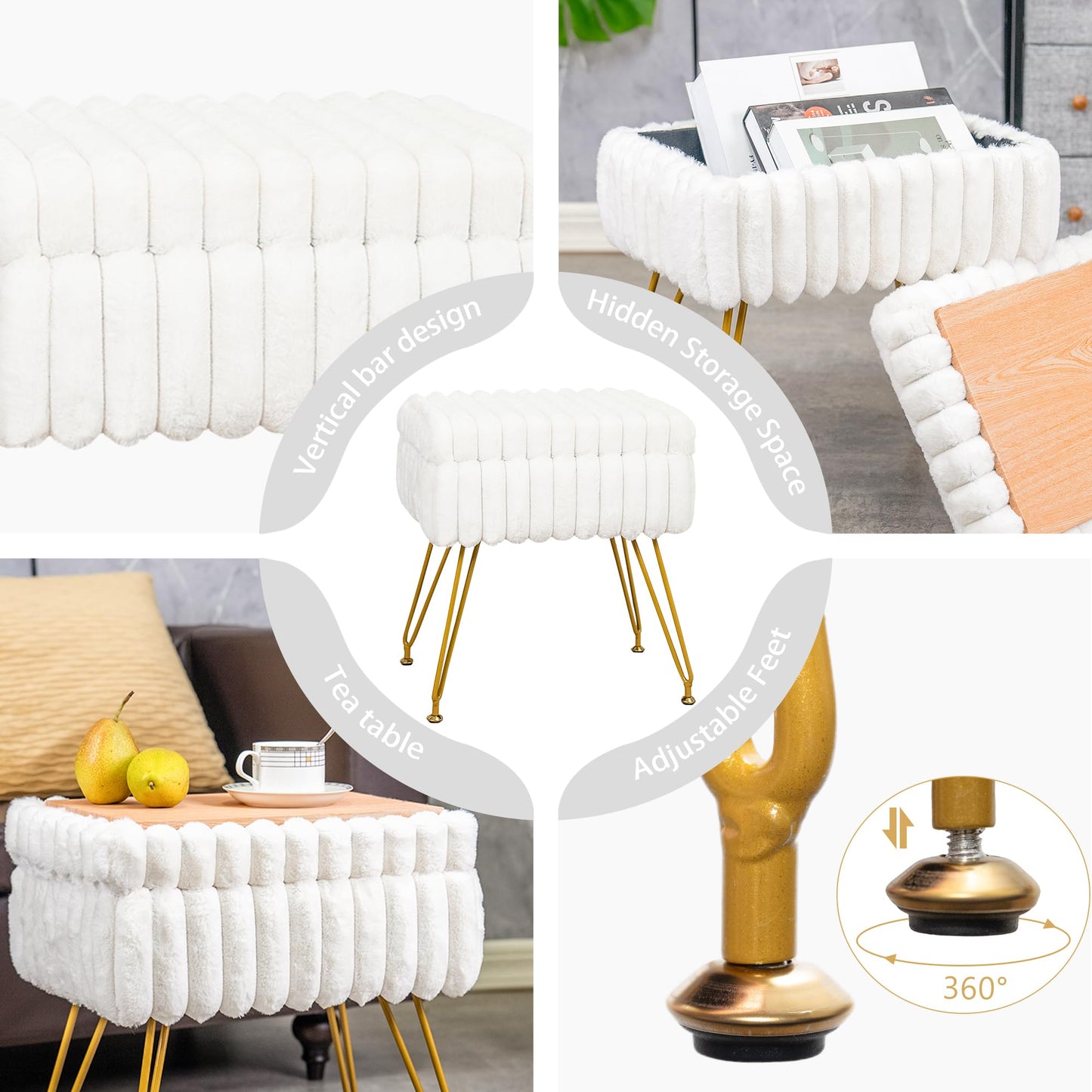 xuperbonus Faux Fur White Vanity Stool Chair with Storage Ottoman, Vanity Chair for Makeup Room, Vanity Stools for Bedroom, Footrest with Metal Legs and as a Coffee Table, White