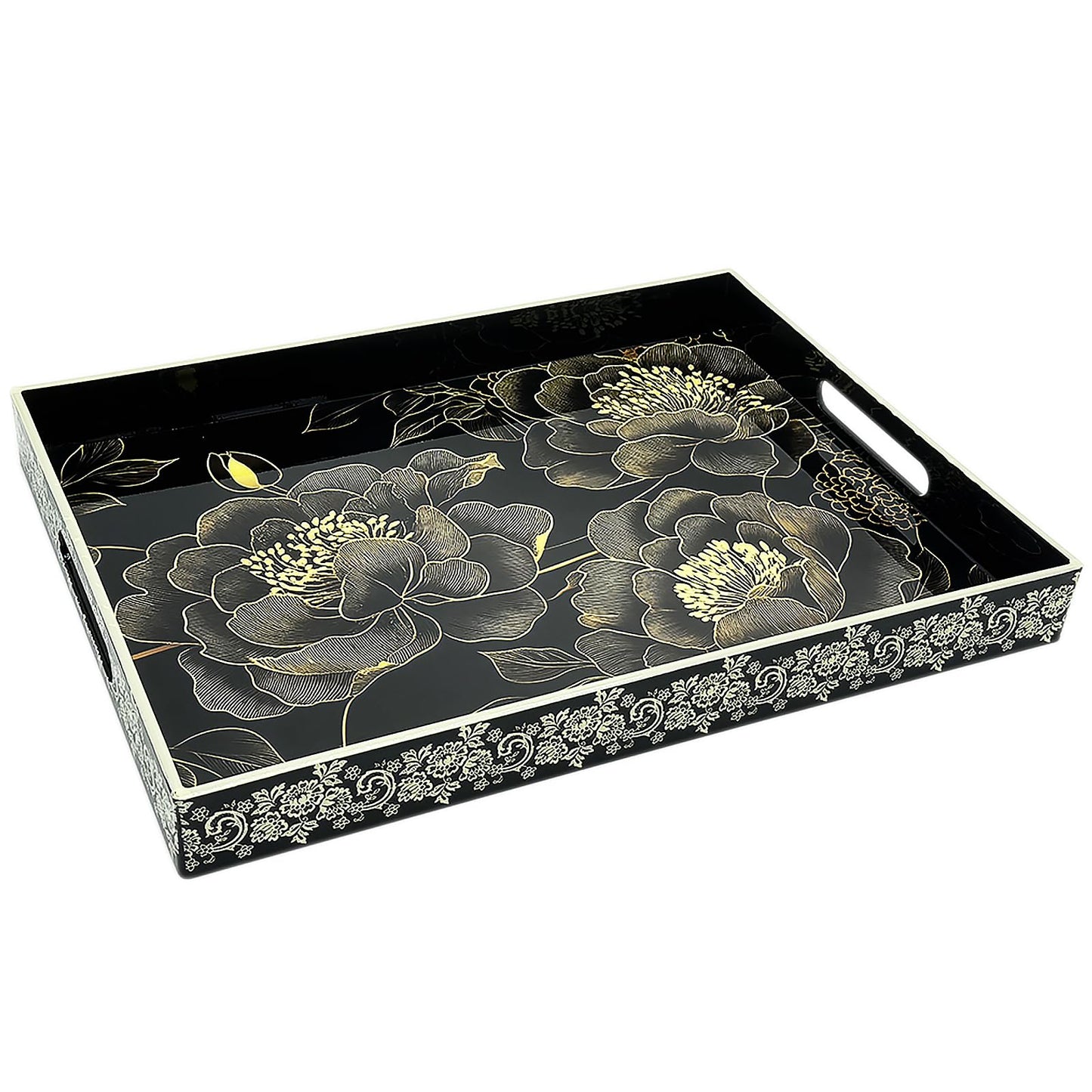 PDUHKO Serving Tray with Handles, 15.7 * 11.8 inches, Plastic Ottoman Tray with Exquisite Paintings, Trays for Coffee Table
