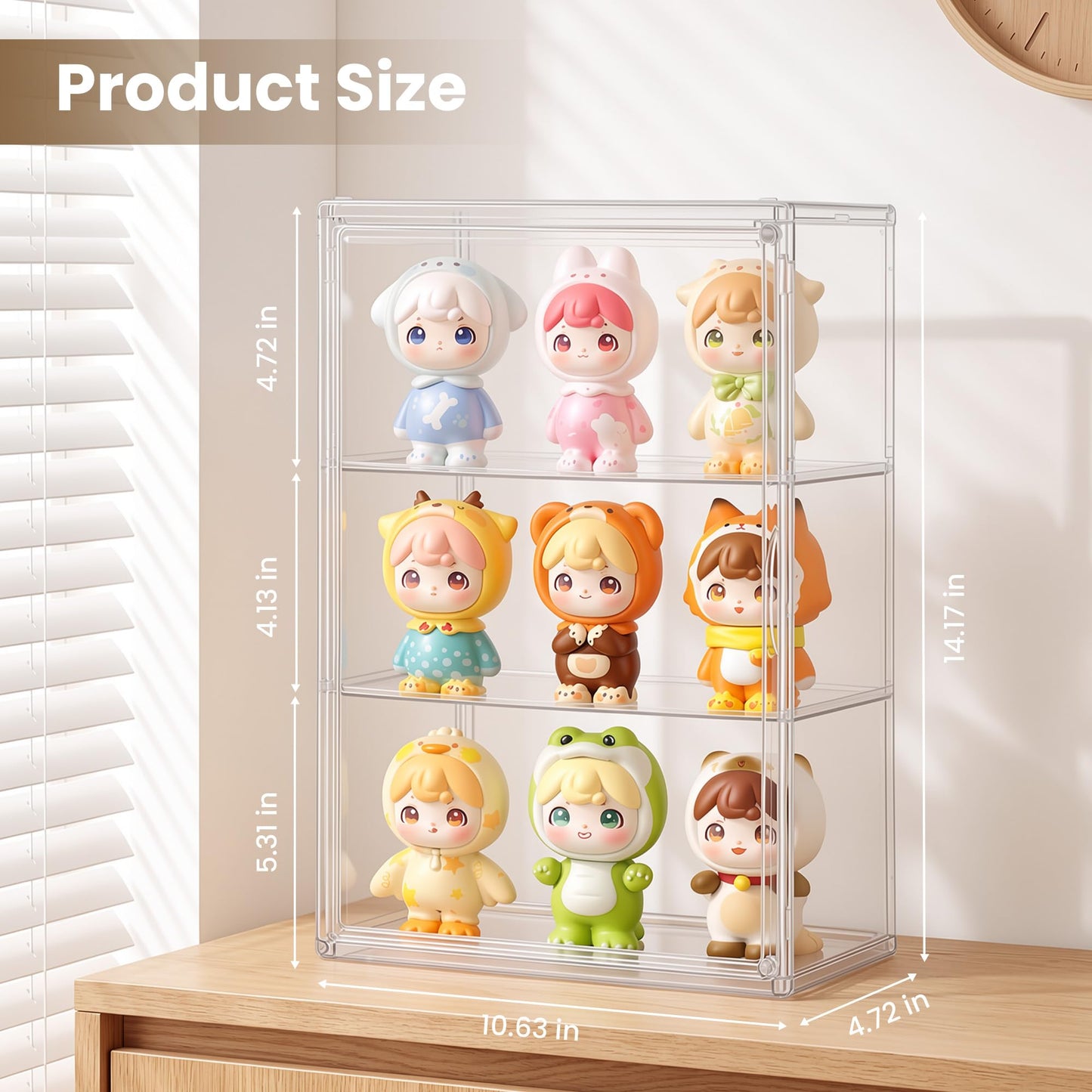 TimberAura 3-Tier Acrylic Display Case for Figures, Wall-Mounted Clear Action Figure Storage Organizer with Magnetic Door & 2 Adjustable Shelves, Dustproof Showcase for Collectibles, 1 Pack